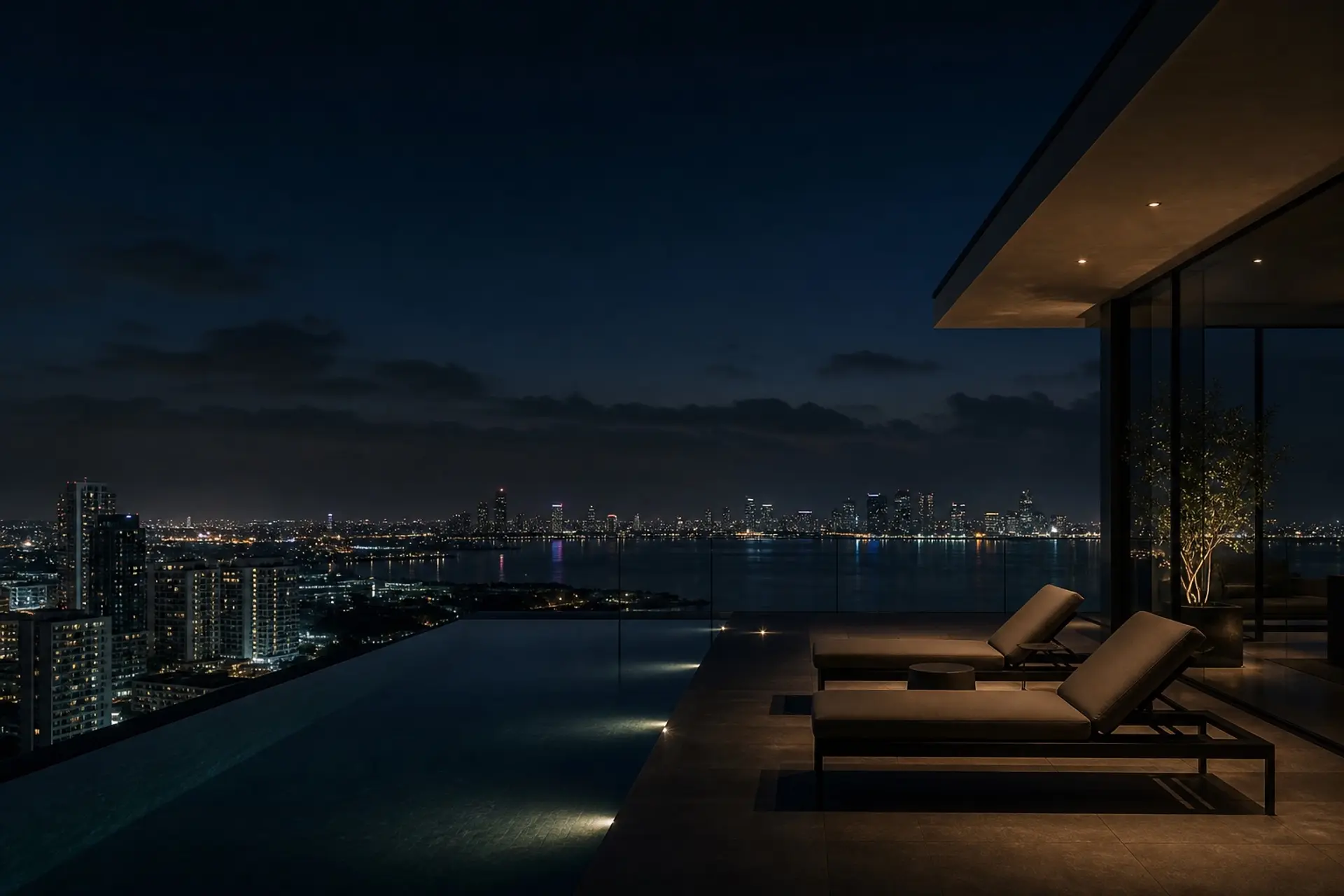 Penthouse terrace and pool overlooking the bay at night