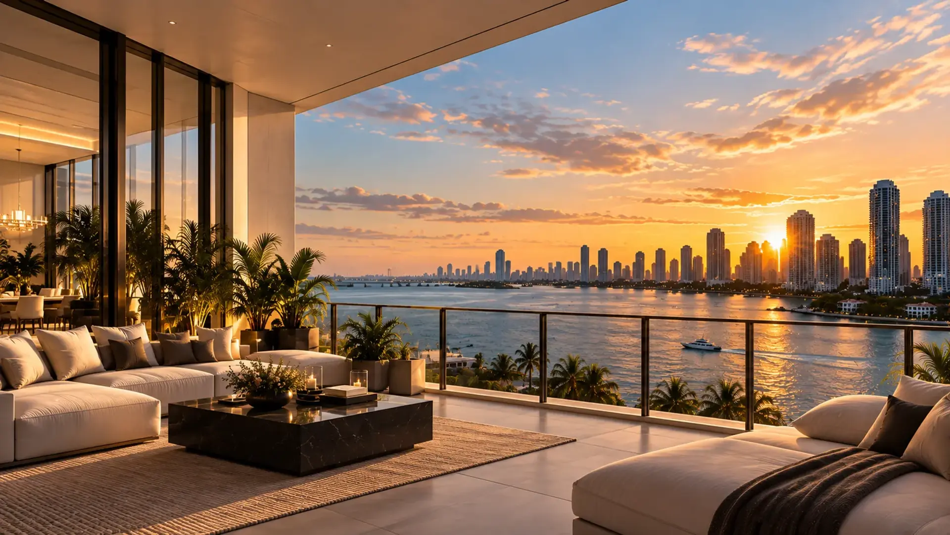 Miami waterfront architecture at dusk