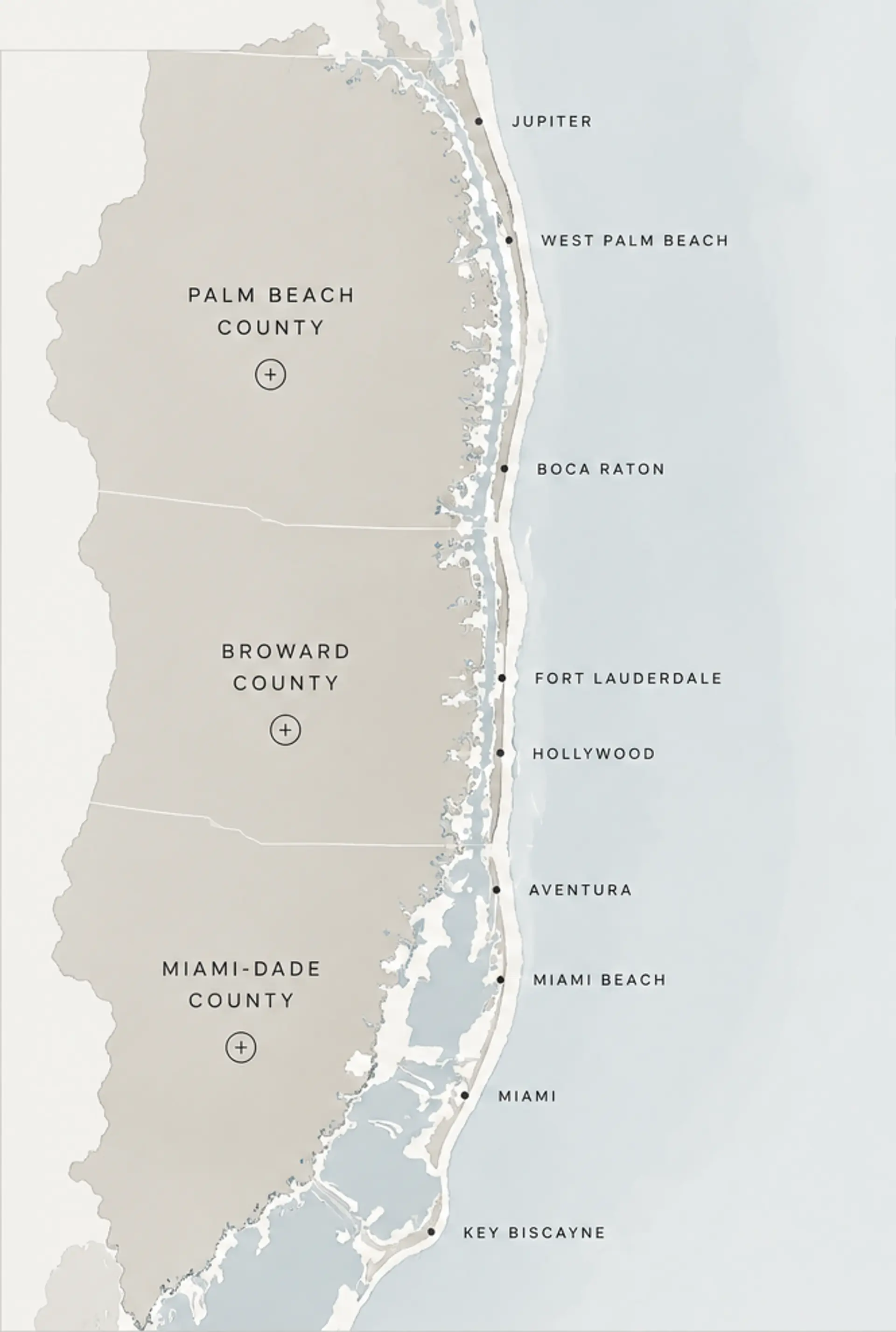 Map of Palm Beach, Broward and Miami-Dade counties along Florida's Atlantic coast