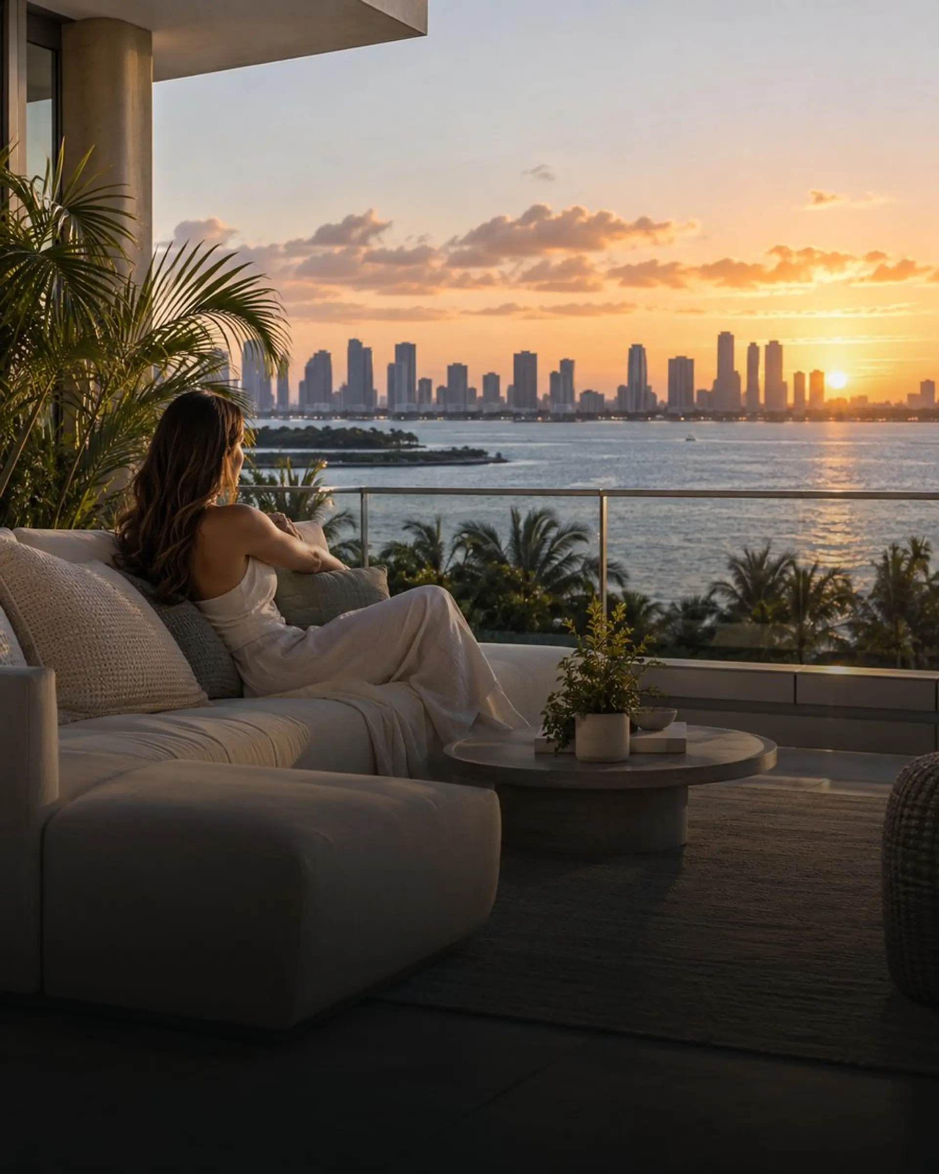 Waterfront terrace at sunset overlooking the Miami skyline