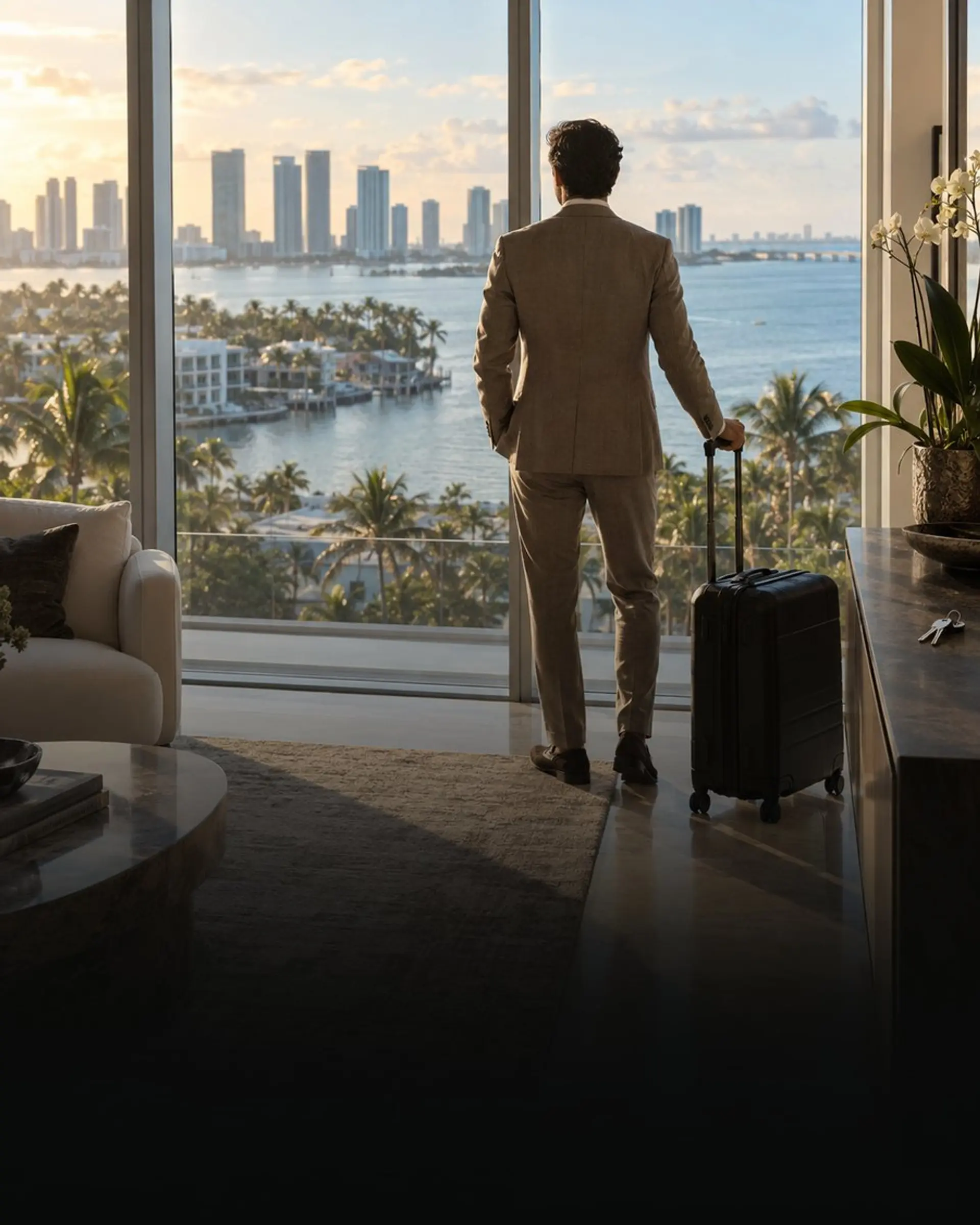 Traveler with luggage arriving at a Miami residence overlooking the bayWaterfront terrace at sunset overlooking the Miami skyline
