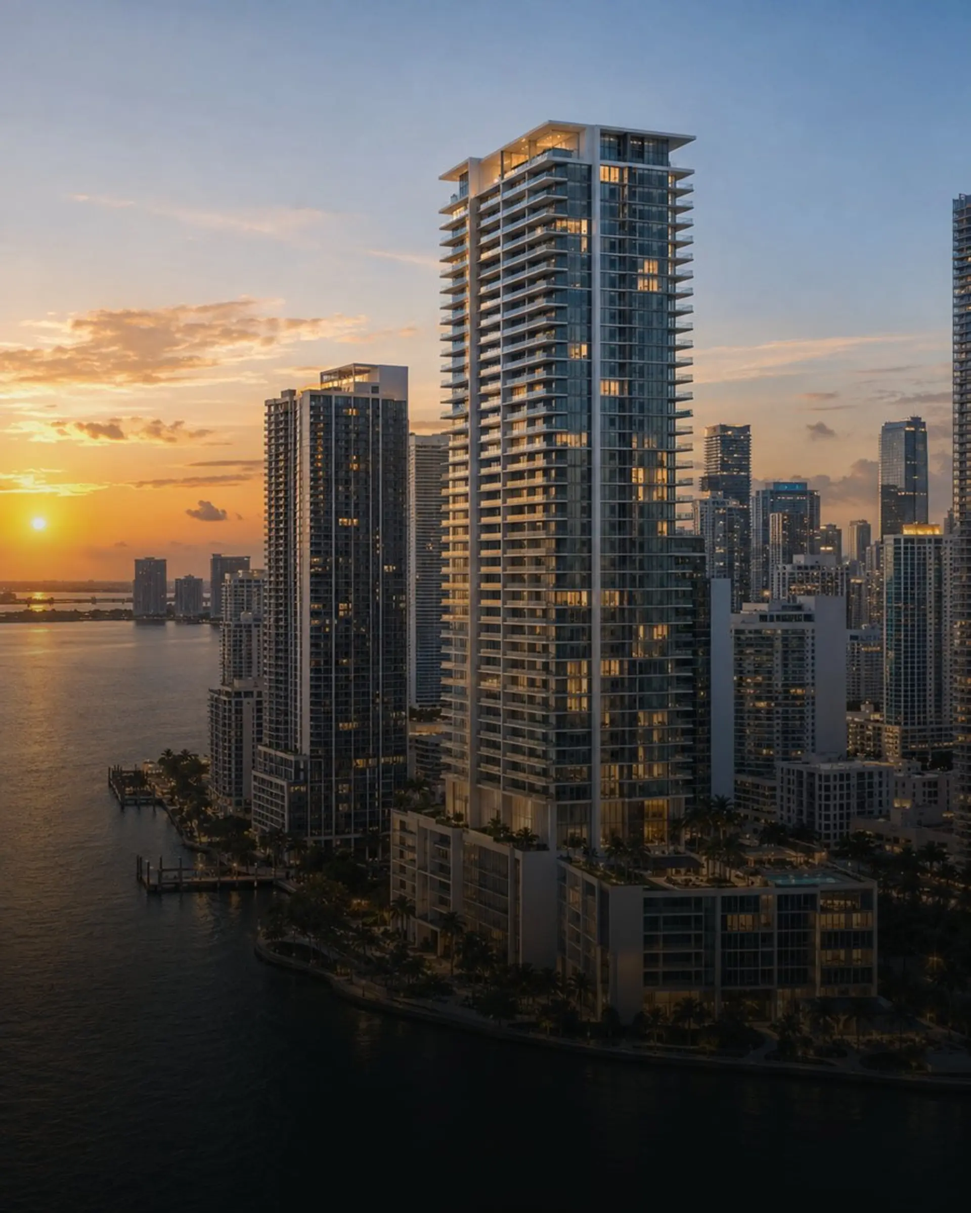 Luxury waterfront condominium development on Biscayne Bay at sunsetWaterfront terrace at sunset overlooking the Miami skyline