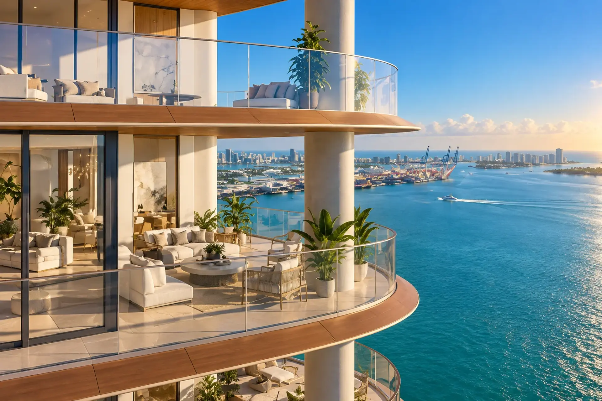 Luxury Miami tower with curved balconies overlooking Biscayne Bay
