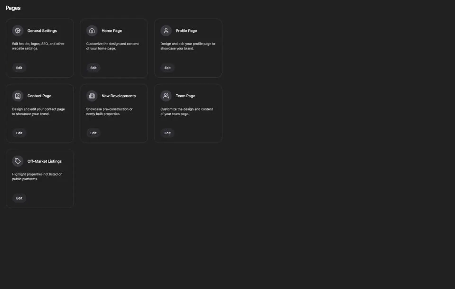 Actual Panda Pages dashboard showing General Settings, Home Page, Profile Page, Contact Page, New Developments and Team Page