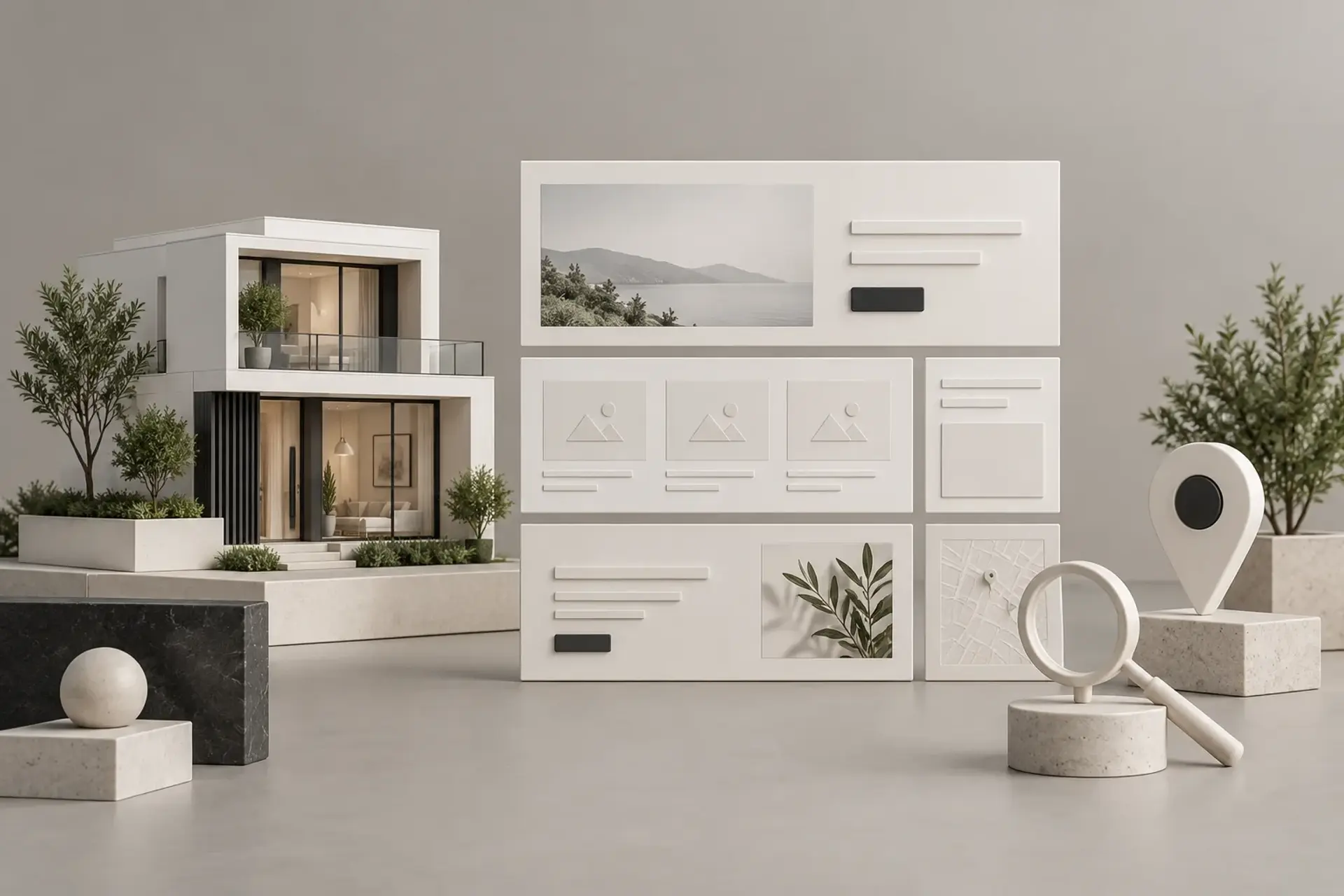 Conceptual illustration of a house beside modular website sections, a search icon and a map pin