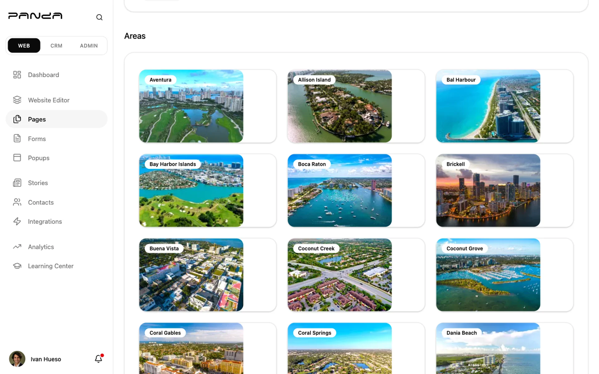 Panda IDX Area Libraries editor showing the Areas section with a grid of neighborhood photo cards including Aventura, Allison Island, Bal Harbour, Bay Harbor Island, Boca Raton, Brickell, Coconut Creek, Coconut Grove, and Coral Gables with aerial photography