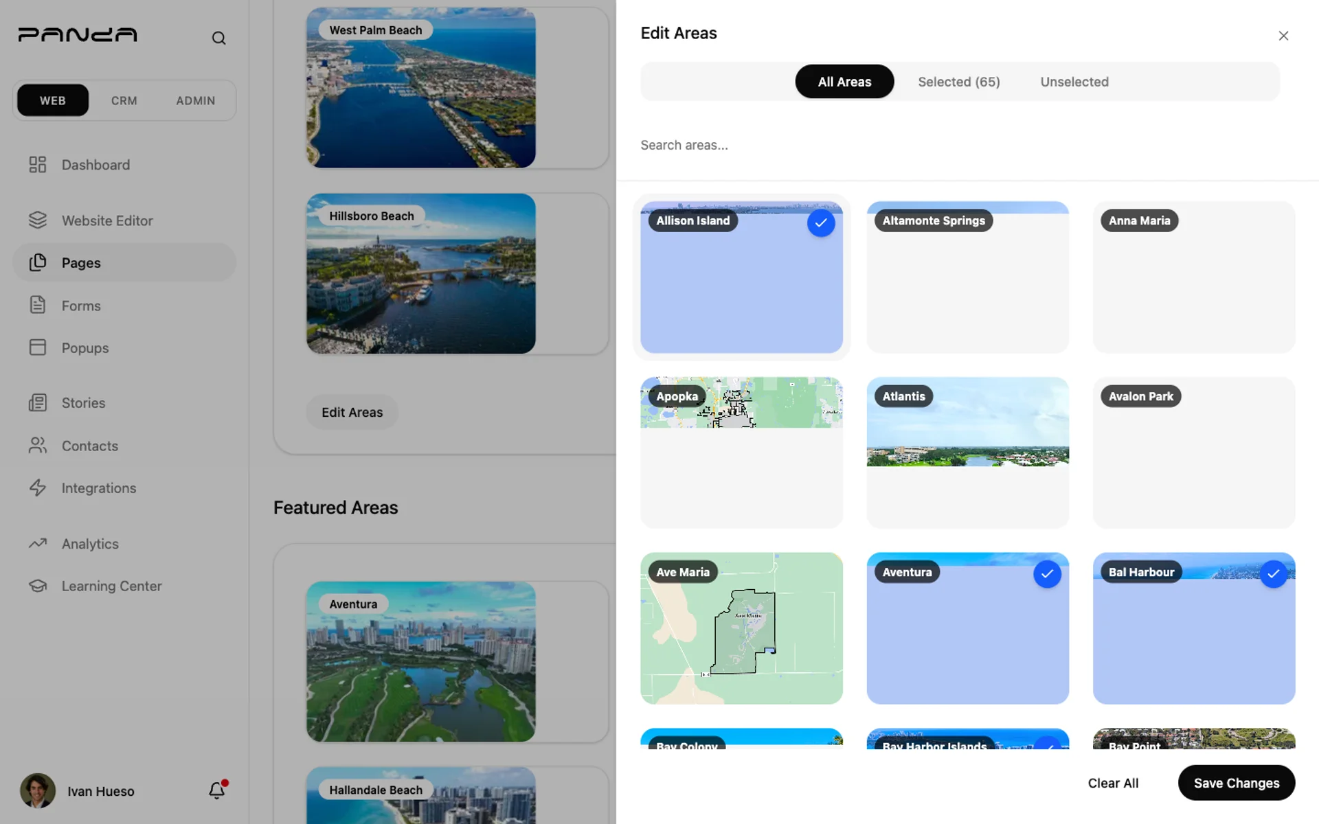 Edit Areas slide-out panel showing All Areas tab selected with a search field and a grid of neighborhood cards — selected areas highlighted in blue, unselected in white, with Clear All and Save Changes buttons at the bottom right