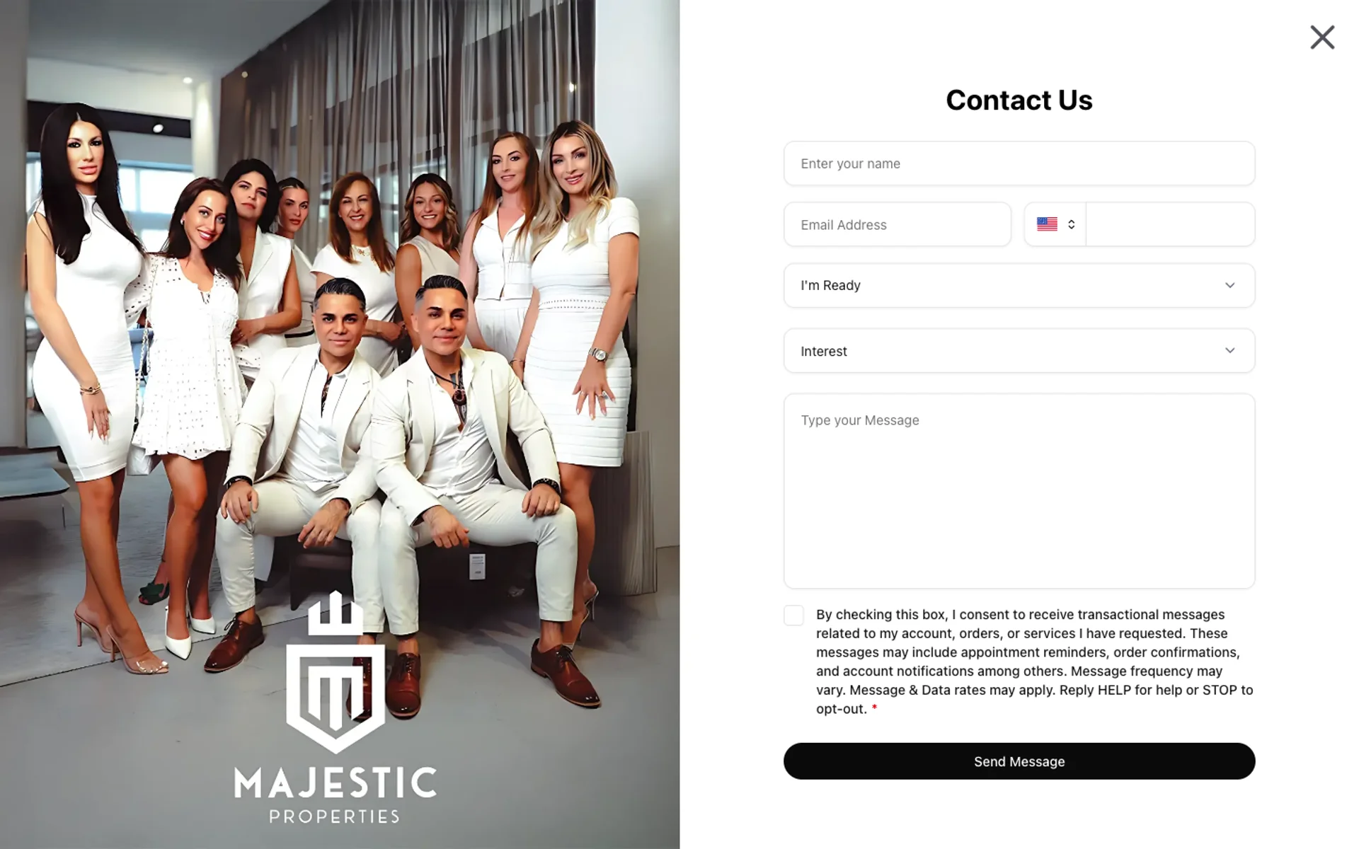 Live contact page preview showing professional team photo filling the left half and Contact Us form with all fields visible on the right half in a split screen layout