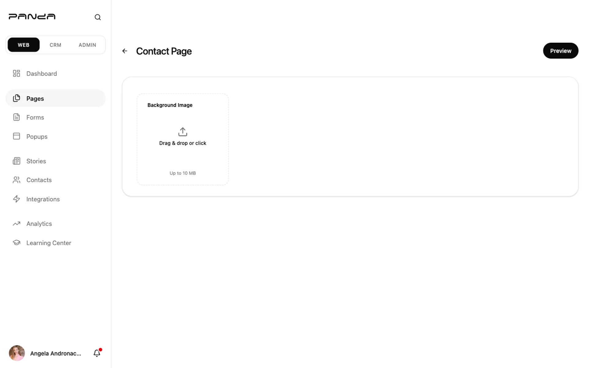 Panda IDX dashboard Contact Page editor showing a single Background Image upload card with Drag and drop or click area and a Preview button in the top-right corner