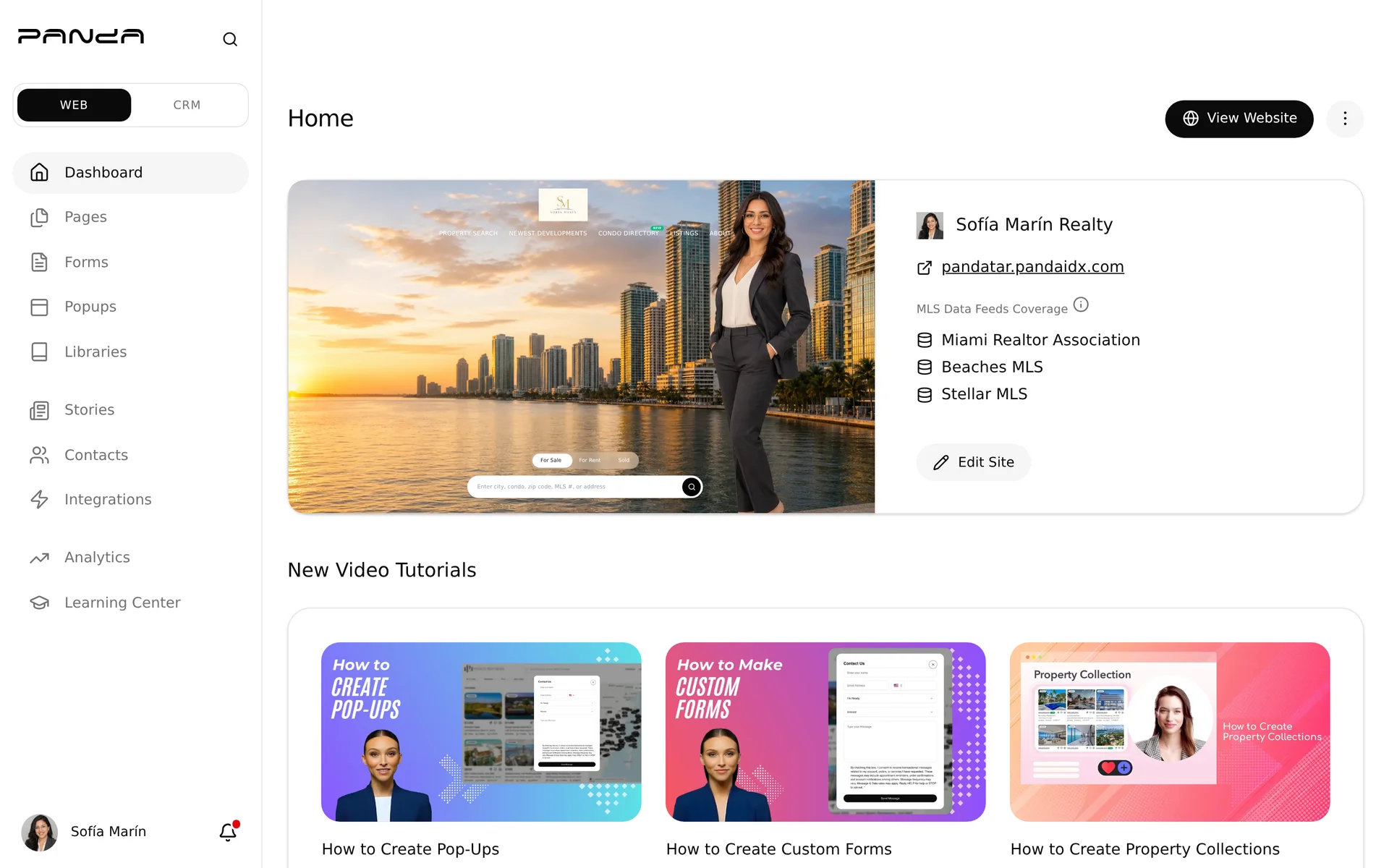 Panda IDX dashboard home, Sofía Marín Realty preview and MLS feeds