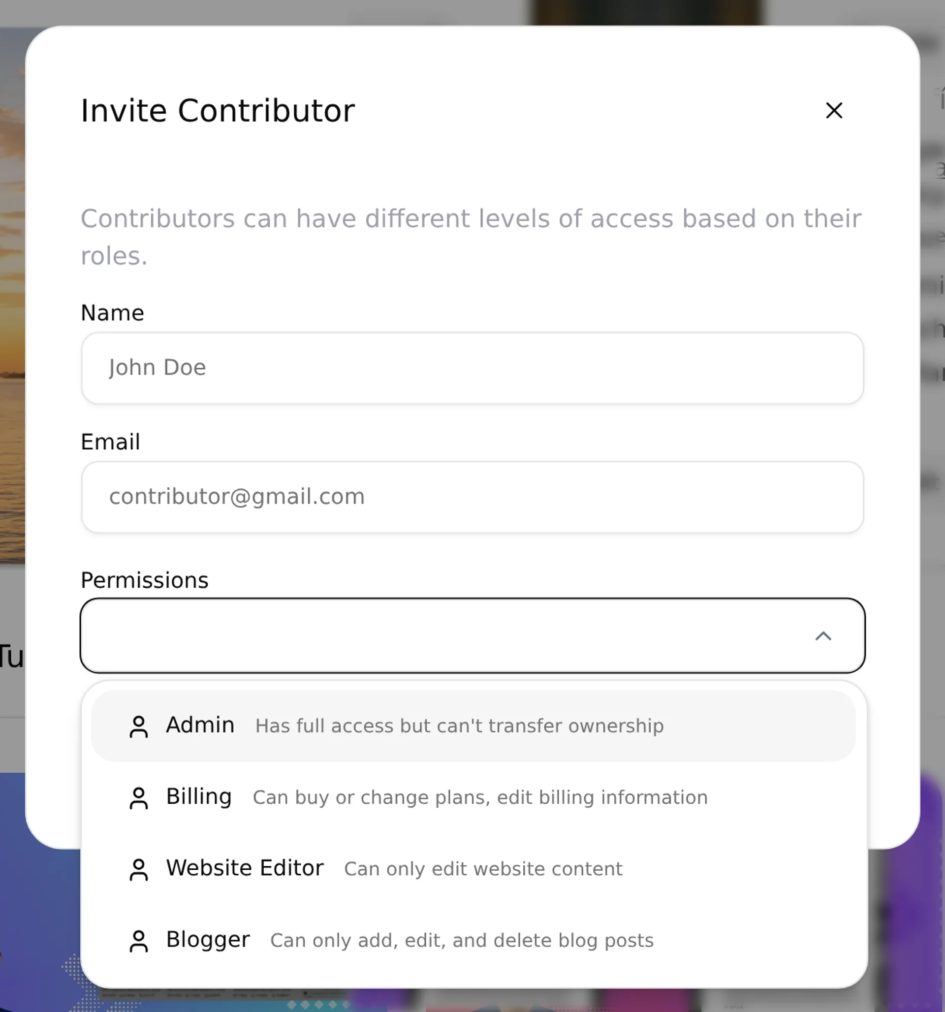 Invite Contributor, Permissions dropdown Admin Billing Website Editor Blogger