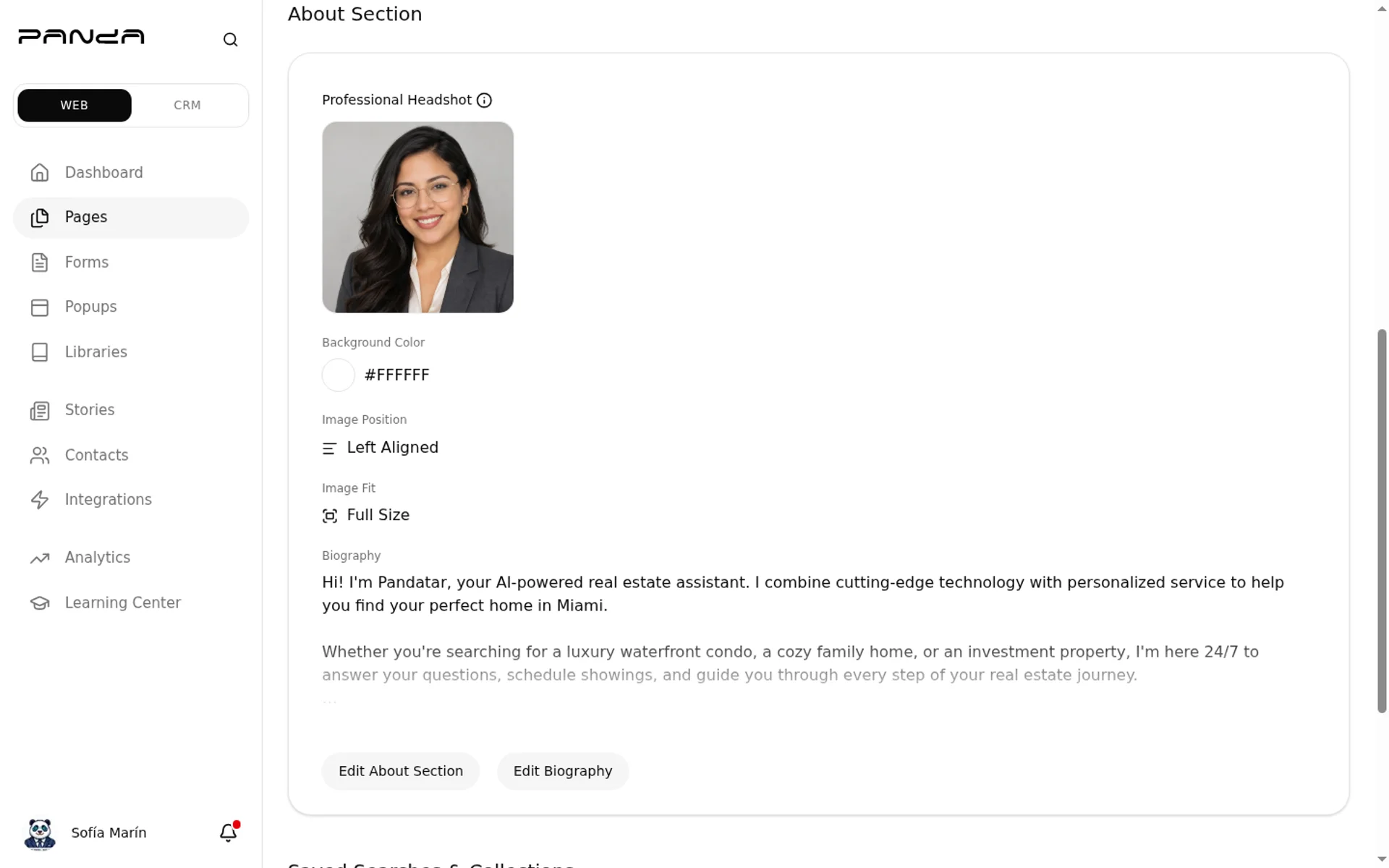 About Section, Sofía Marín headshot and bio