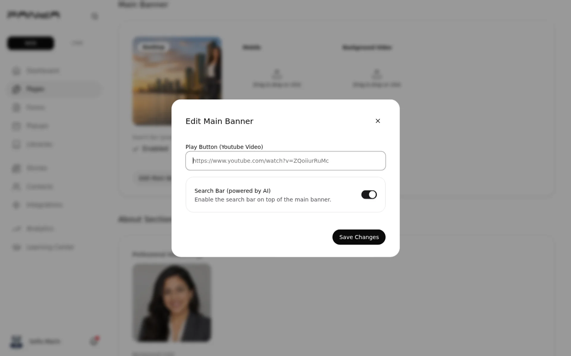Edit Main Banner, YouTube URL and search bar toggle