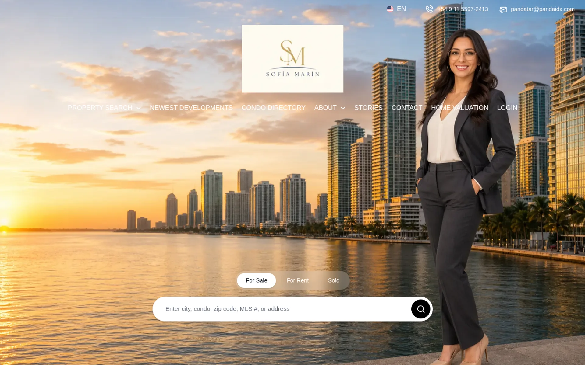 Sofía Marín homepage, hero and property search