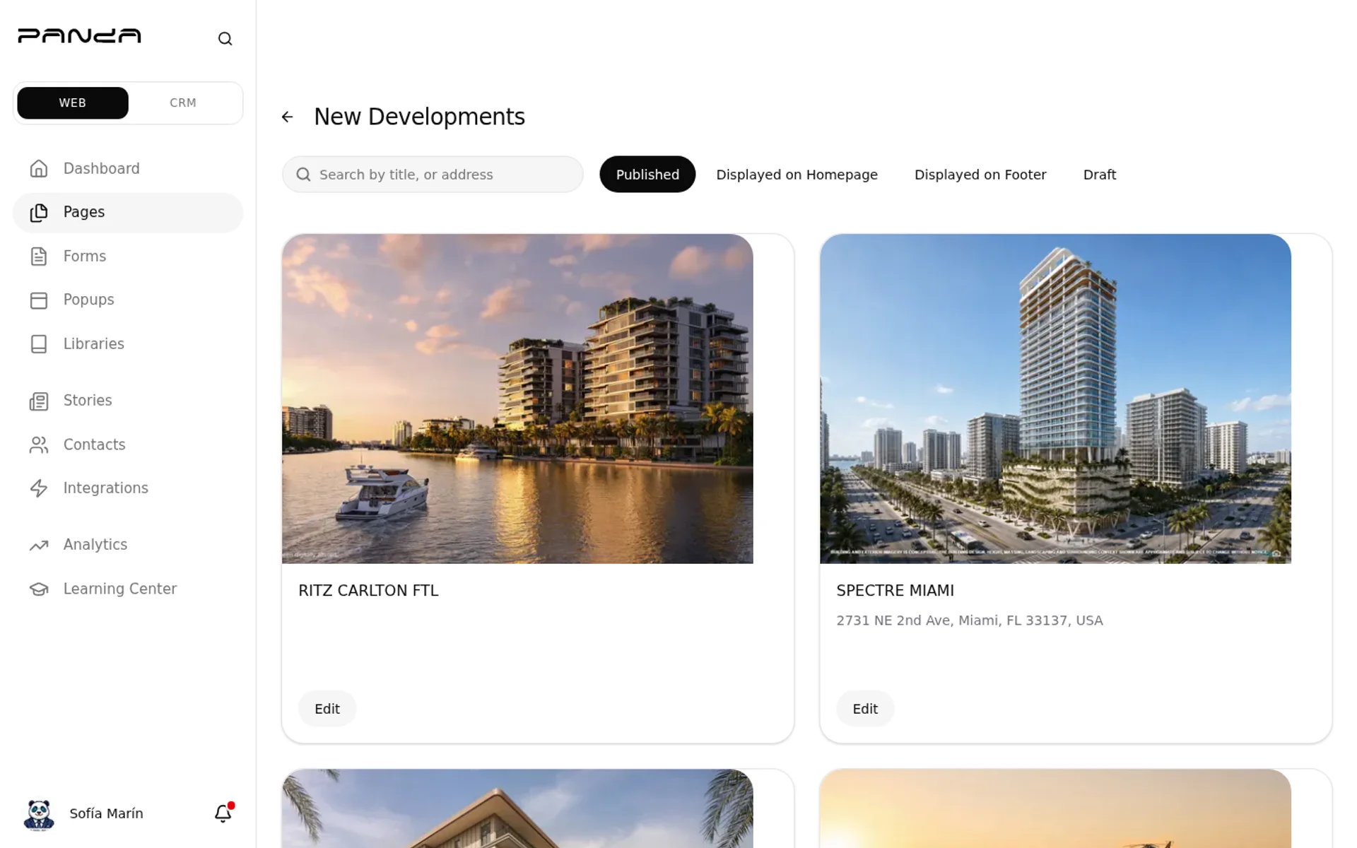 New Developments dashboard, published and featured tabs