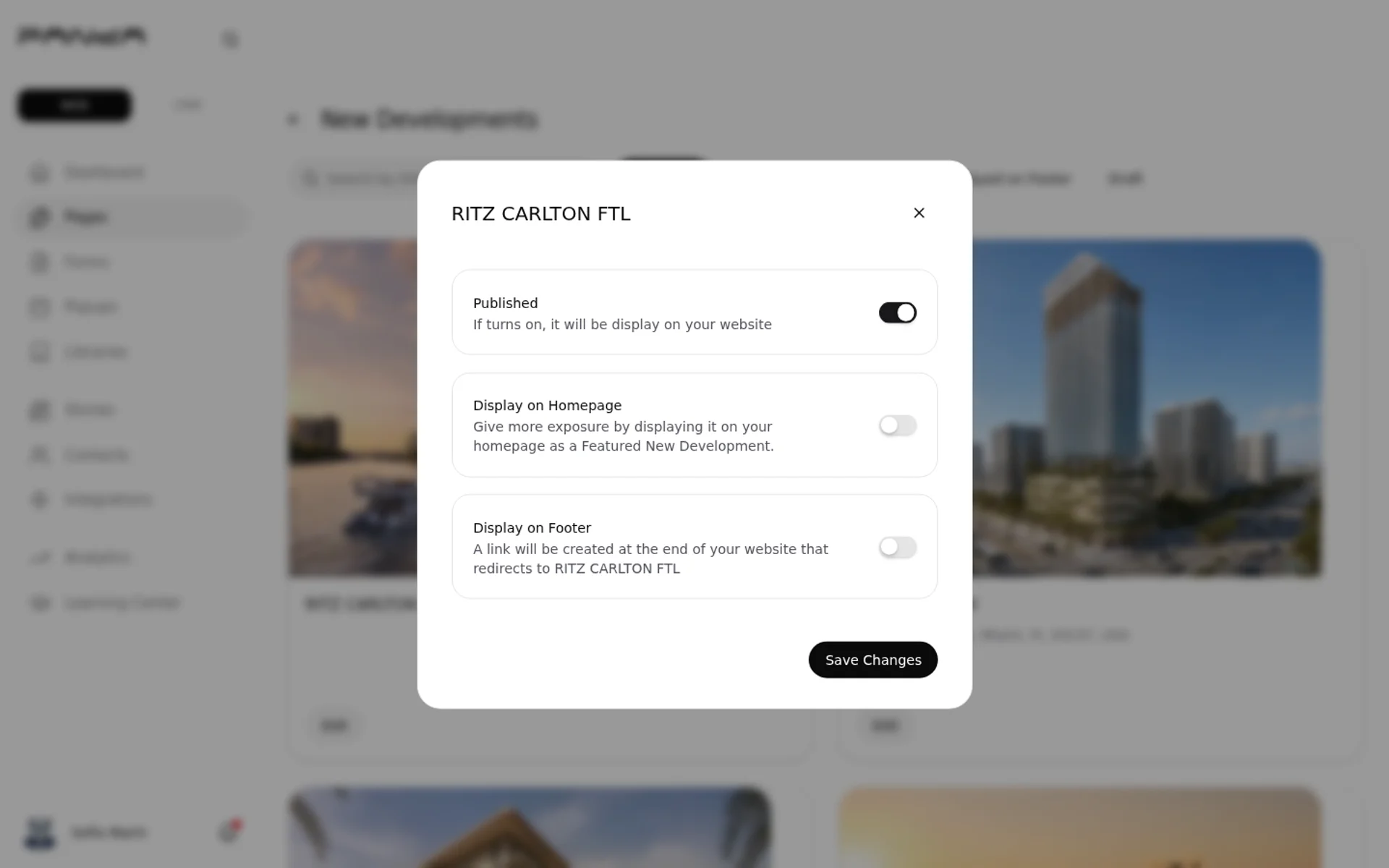 Edit New Development: Published, Homepage, Footer