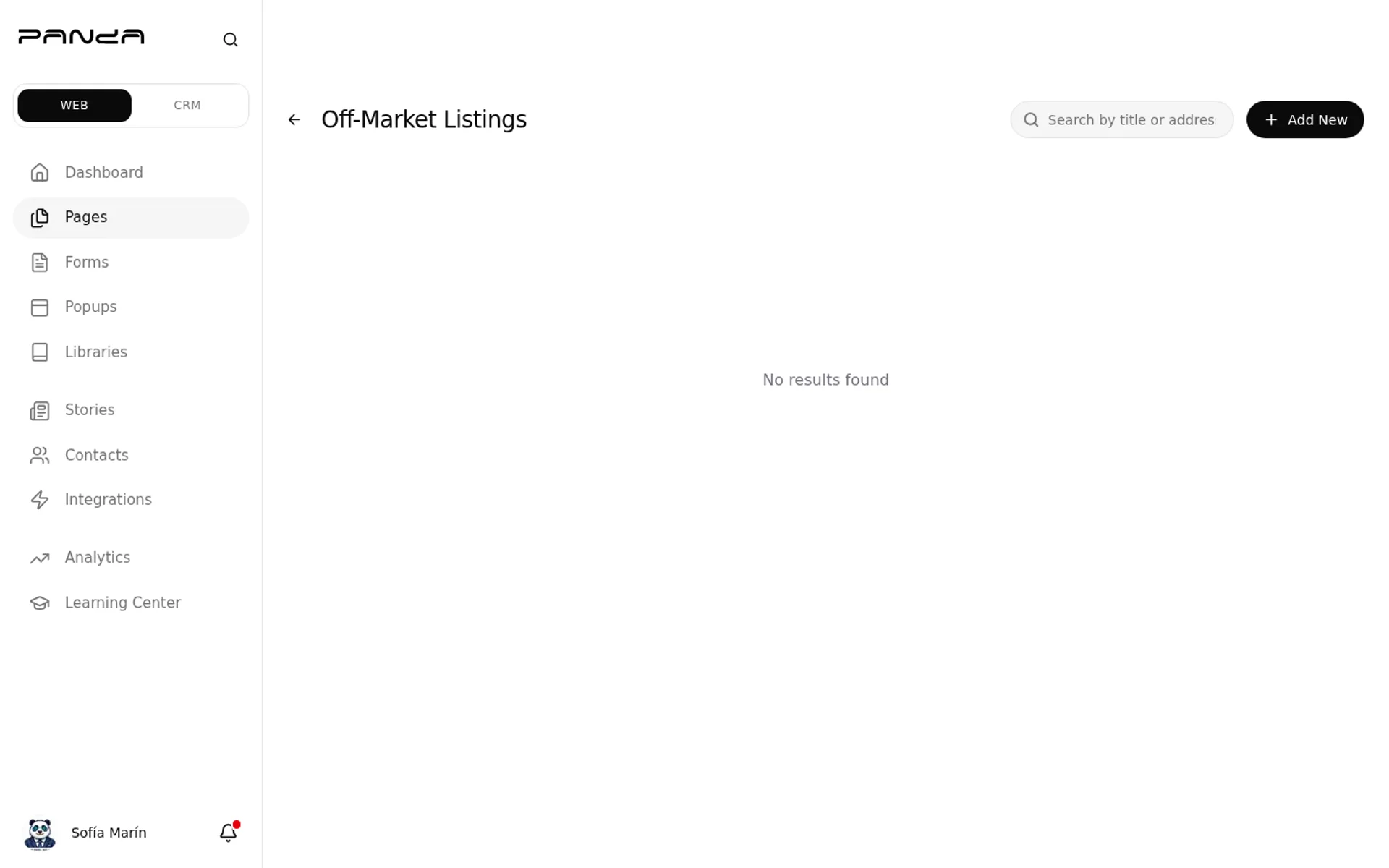 Off-Market Listings dashboard, search and Add New