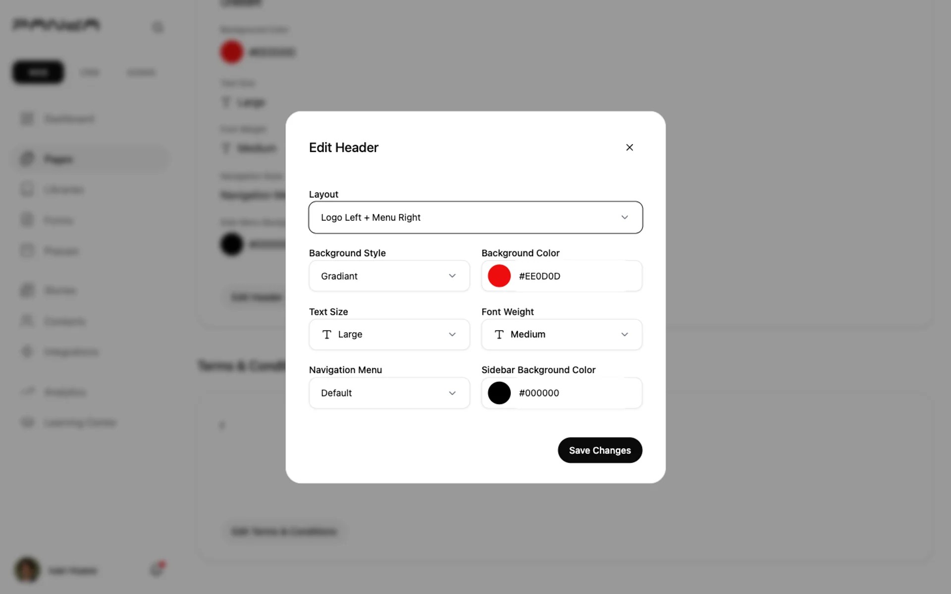 Displays the Edit Header dialog with Layout dropdown, Background Style and Color selectors, Text Size and Font Weight options, Navigation Menu type, and Sidebar Background Color picker