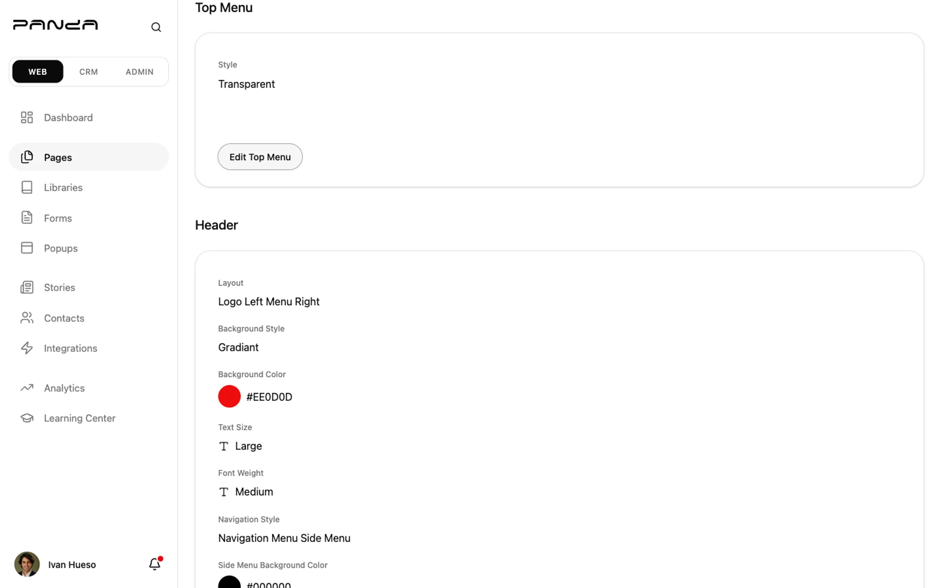 Shows the Header section displaying current Layout, Background Style, Background Color, Text Size, Font Weight, Navigation Style, and Side Menu Background Color settings