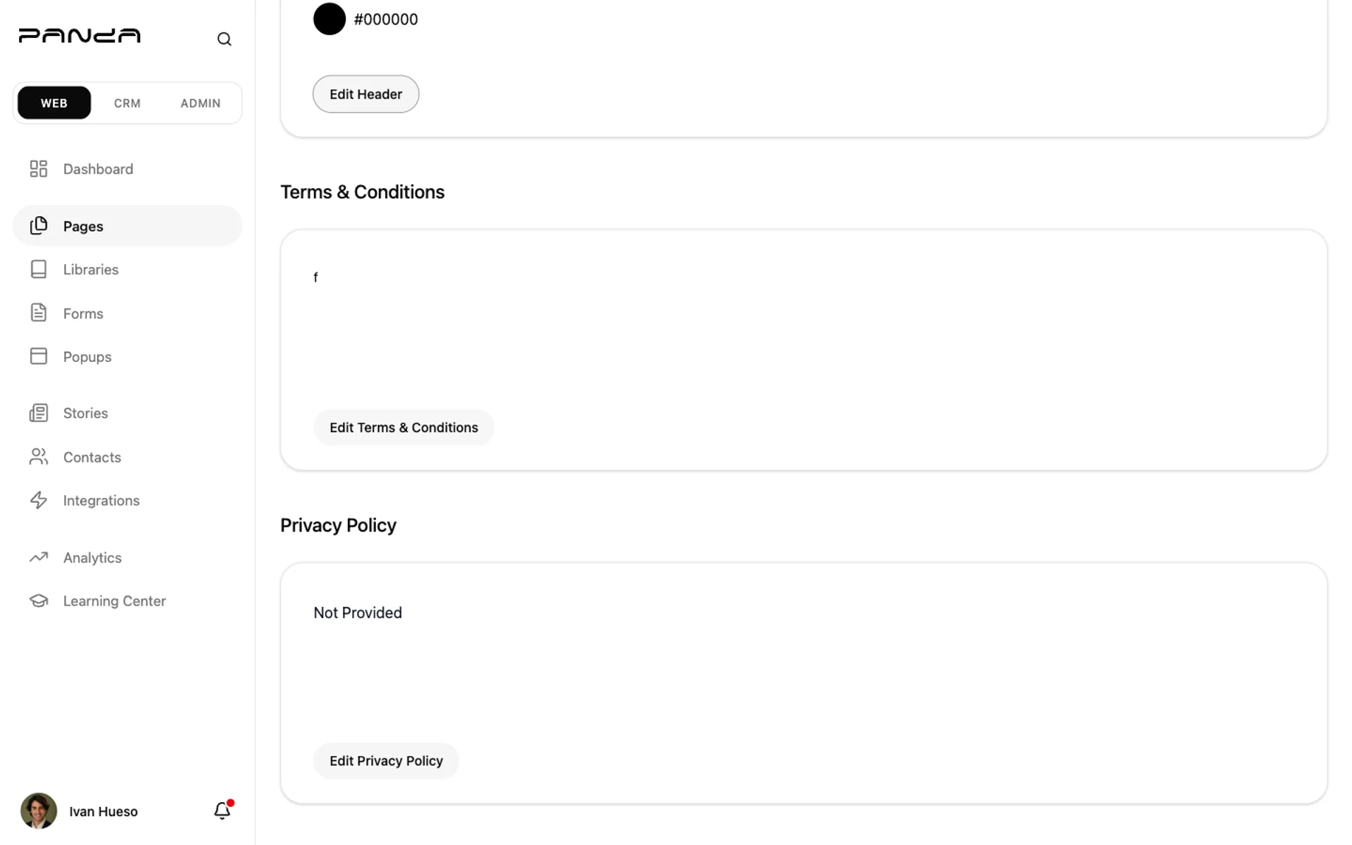 Shows the Terms and Conditions and Privacy Policy sections at the bottom of Panda IDX General Settings page with Edit buttons for each