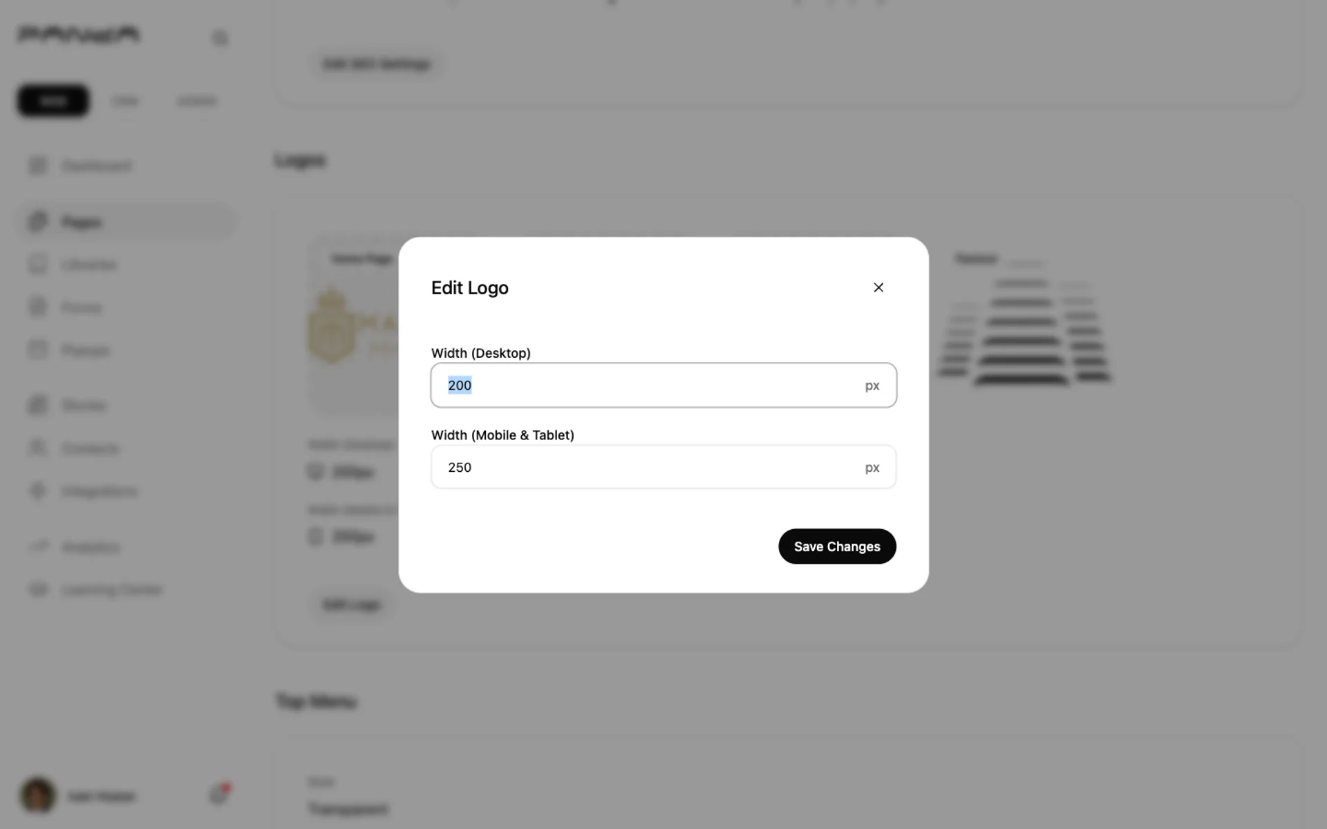 Opens the Edit Logo dialog showing Desktop Width and Mobile Tablet Width number inputs for controlling logo display size across devices