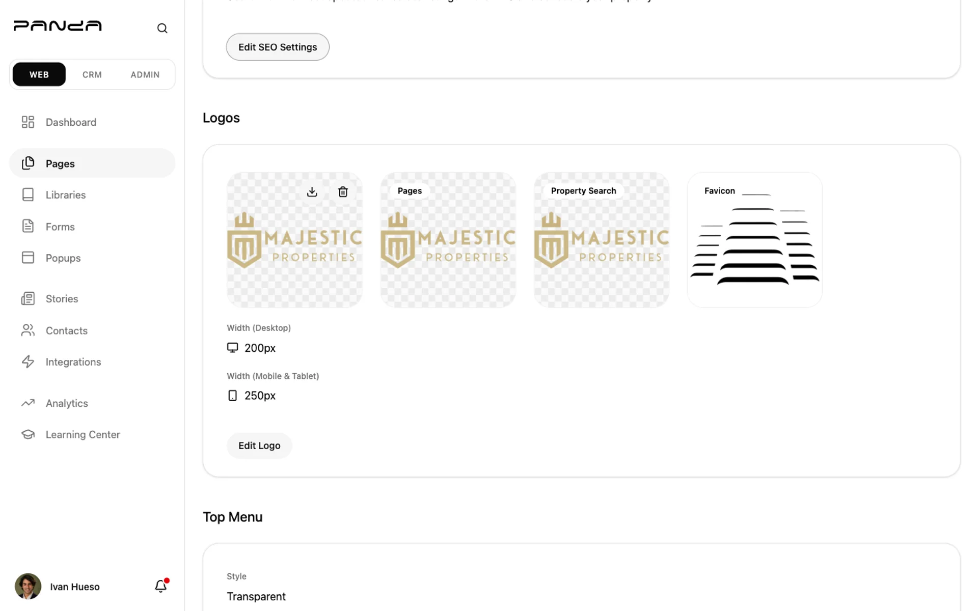 Shows the Logos section with four upload zones labeled Home Page, Pages, Property Search, and Favicon in Panda IDX General Settings