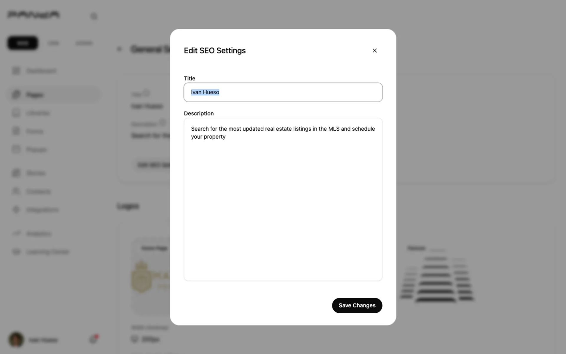 Displays the Edit SEO Settings dialog with a Title input field and Description textarea ready to configure real estate website metadata