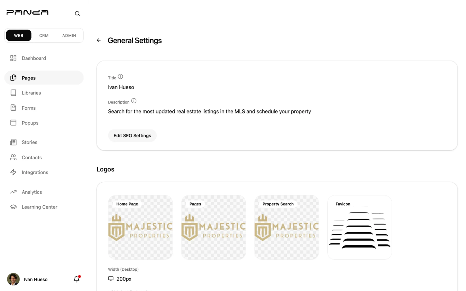 Shows the Panda IDX General Settings page with the SEO Settings card displaying the Title and Description preview fields