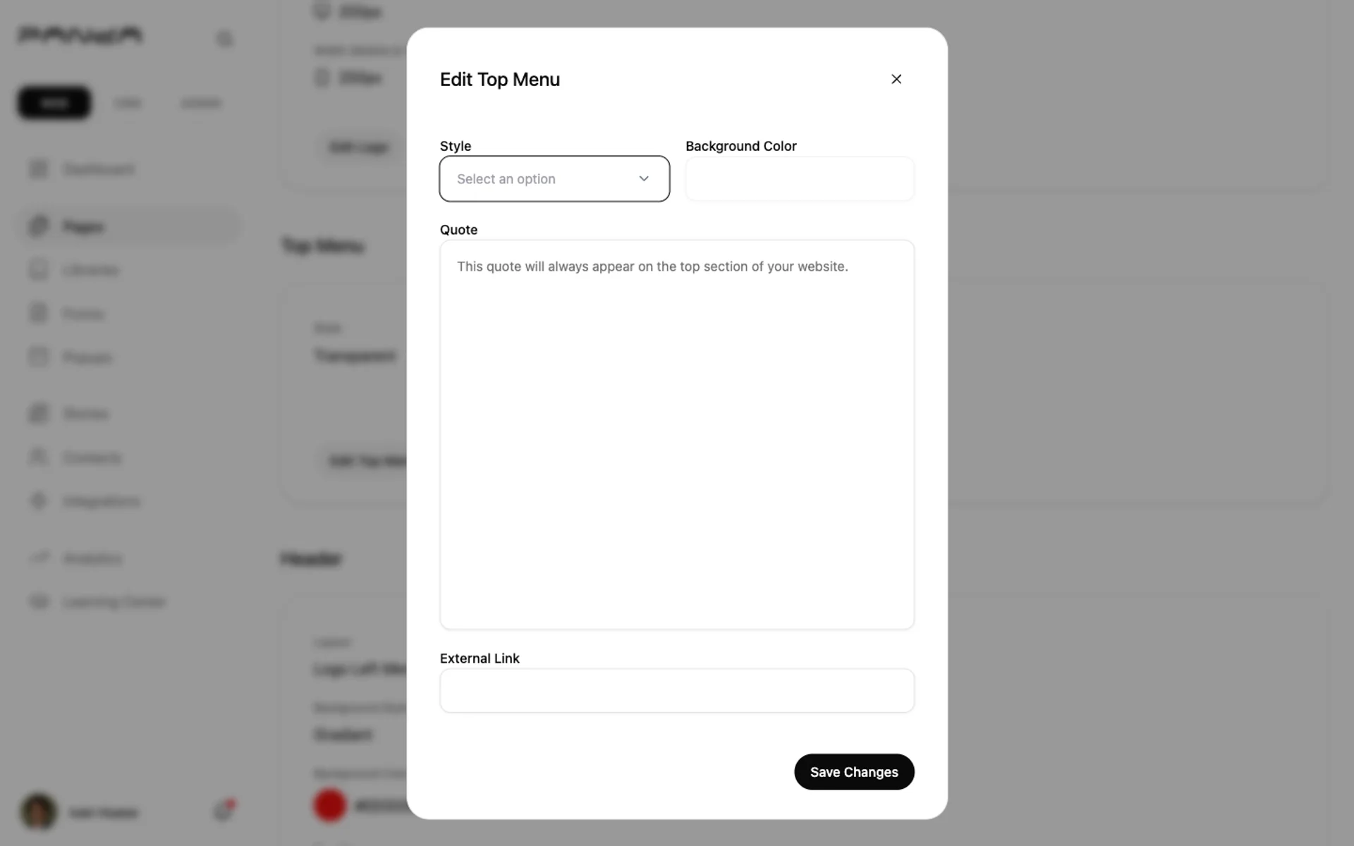 Displays the Edit Top Menu dialog with Style dropdown, Background Color picker, Quote message textarea, and External Link input field