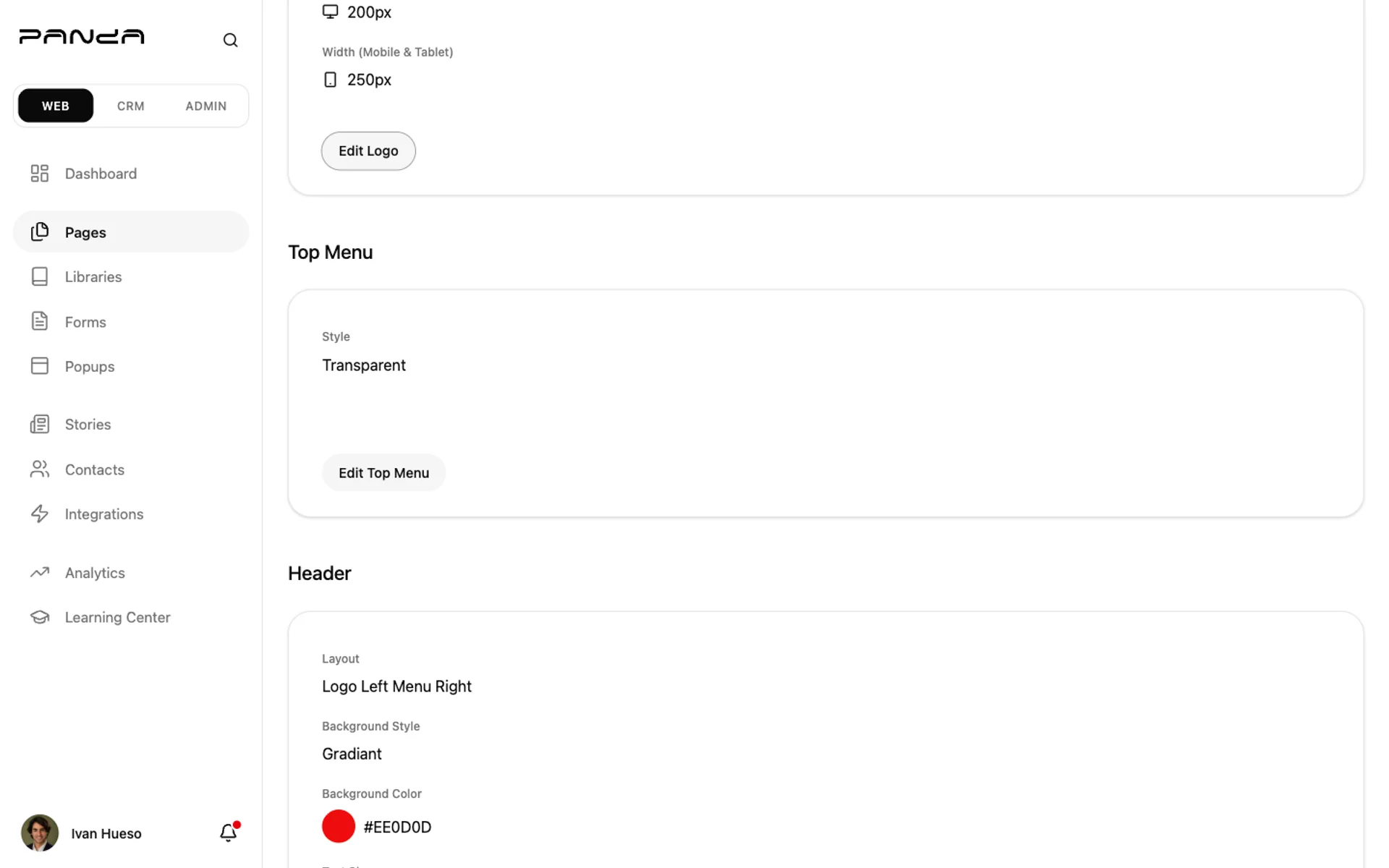 Shows the Top Menu announcement bar section with the Style field and Edit Top Menu button in Panda IDX General Settings