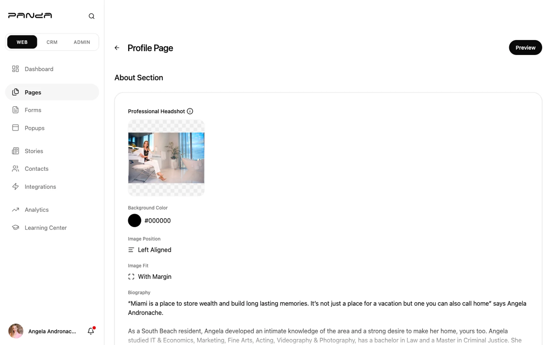Panda IDX dashboard Profile Page editor showing About Section with professional headshot upload, background color picker, image position and image fit selectors, and biography preview