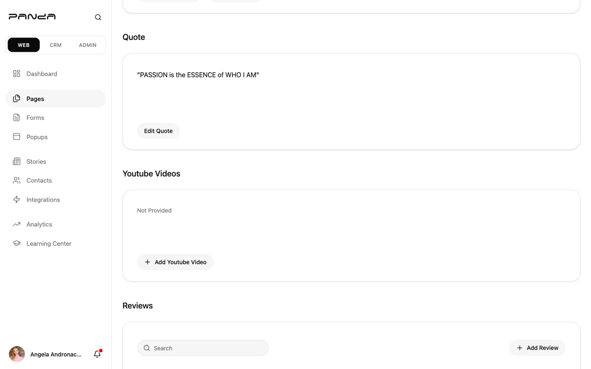Panda IDX profile editor mid-page showing Quote section with Edit Quote button, Youtube Videos section with Add button, and Reviews section starting below