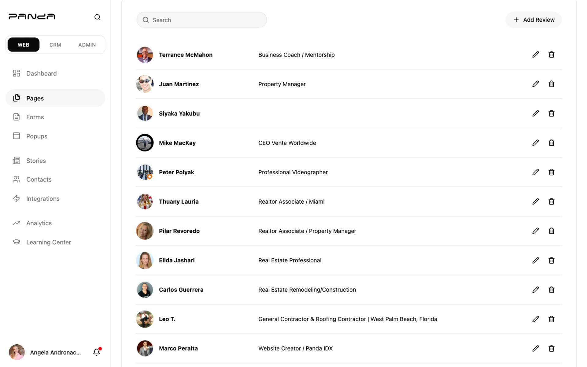 Panda IDX dashboard Reviews list showing 16 client review entries with reviewer photos, names like Terrance McMahon and Mike MacKay, titles, and pencil and trash icon buttons for each row