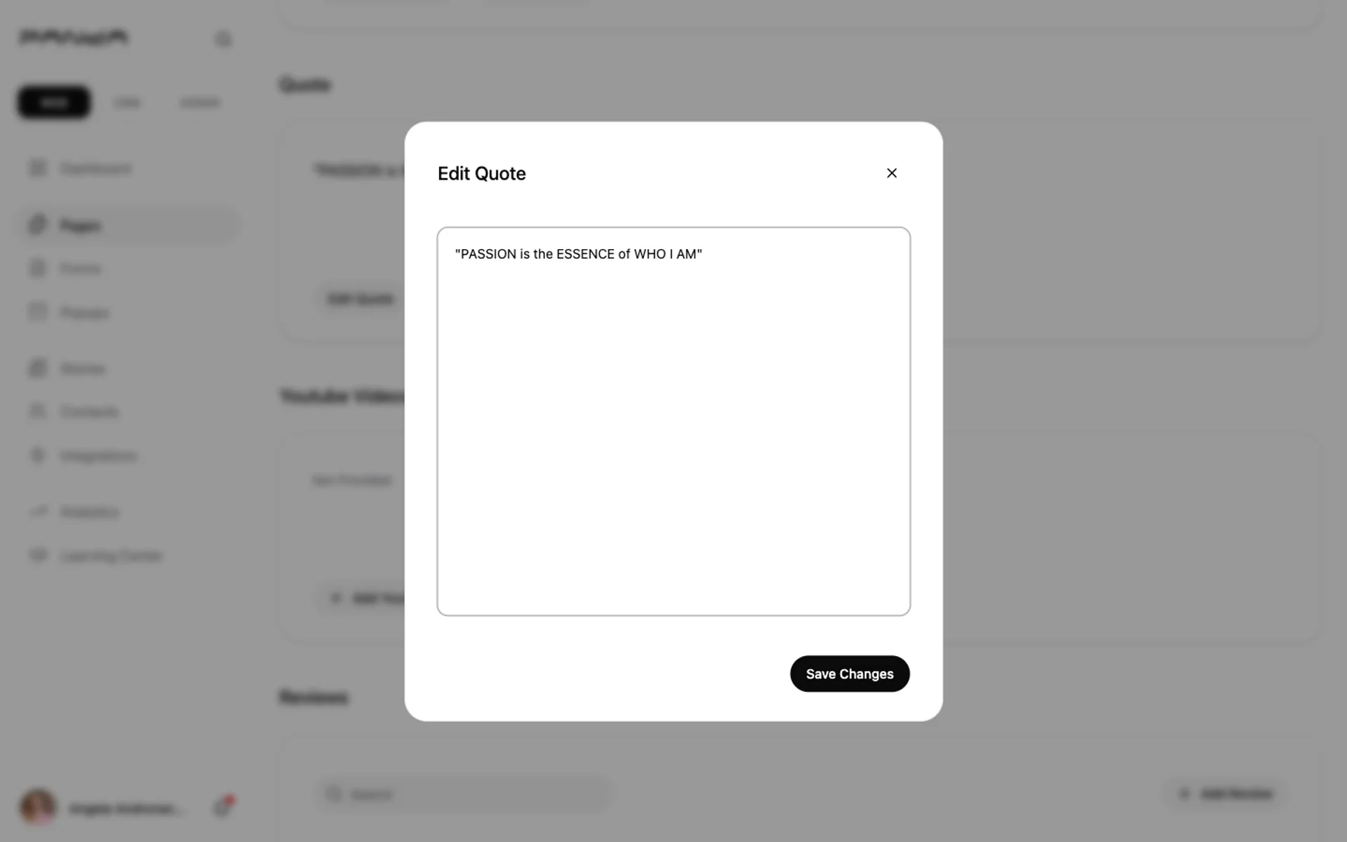Edit Quote dialog in Panda IDX dashboard showing a textarea with the quote PASSION is the ESSENCE of WHO I AM and a Save Changes button