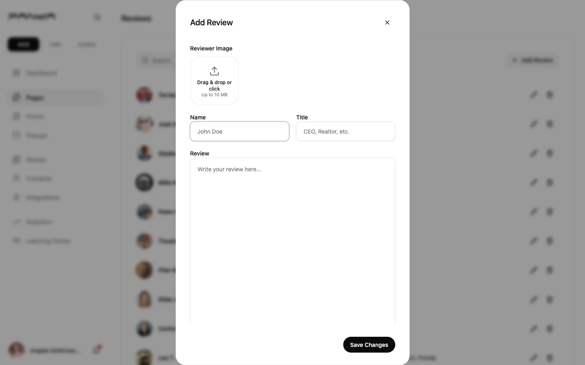 Add Review dialog with Reviewer Image upload area, Name and Title input fields with placeholder text John Doe and CEO Realtor etc, and a Review textarea
