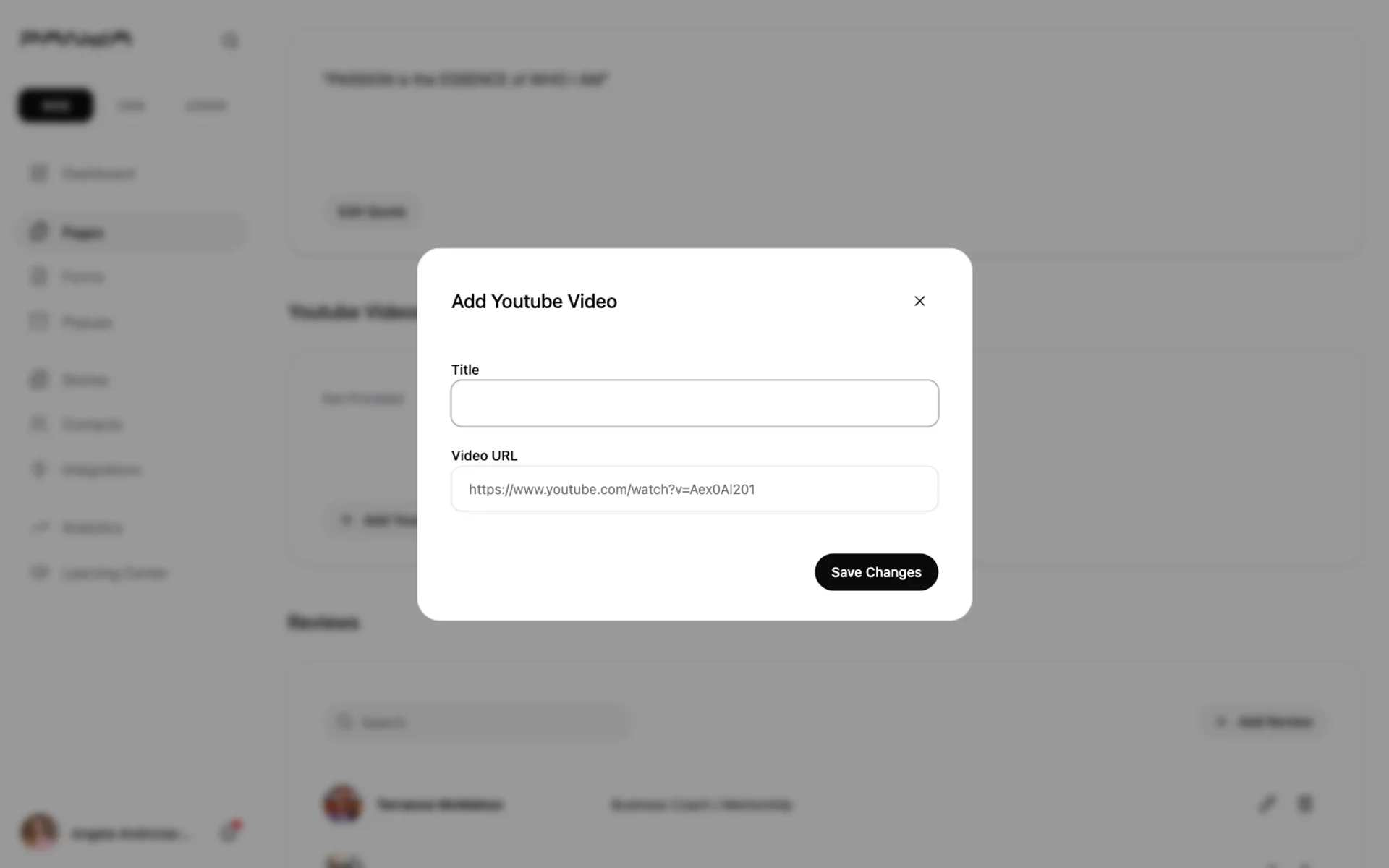 Add Youtube Video dialog showing Title text input field and Video URL field with a YouTube placeholder URL example and Save Changes button