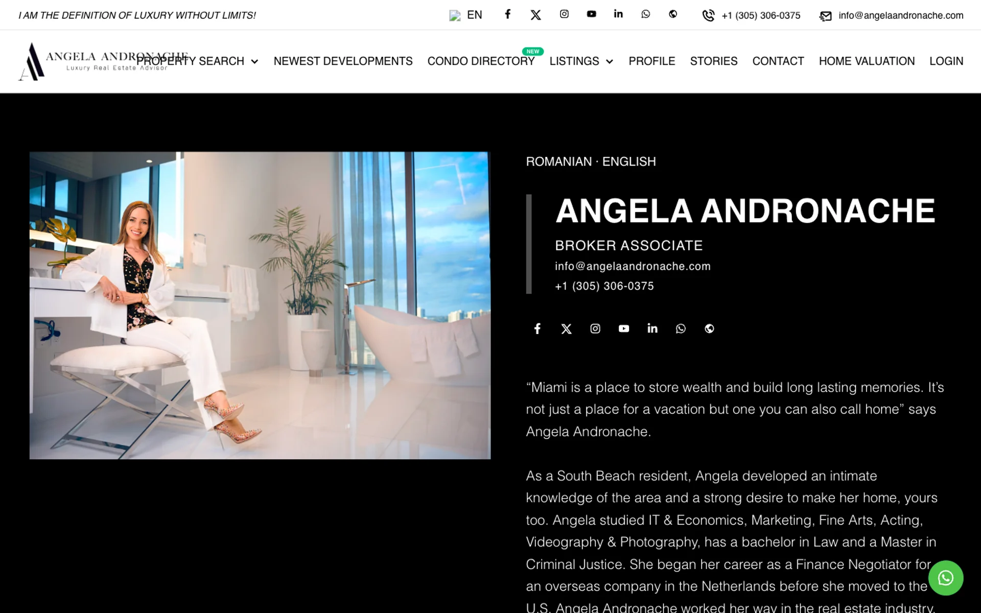 Live Panda IDX profile page showing professional headshot on the left, agent name Angela Andronache, Broker Associate title, contact info, social icons, and biography paragraph on a black background