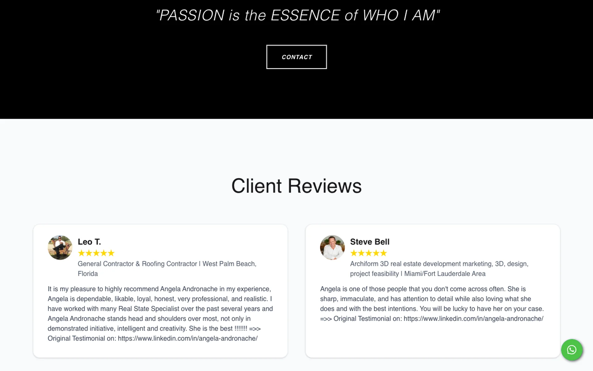 Live profile page mid-section showing quote PASSION is the ESSENCE of WHO I AM with a Contact button followed by Client Reviews heading and two review cards from Leo T and Steve Bell with five-star ratings