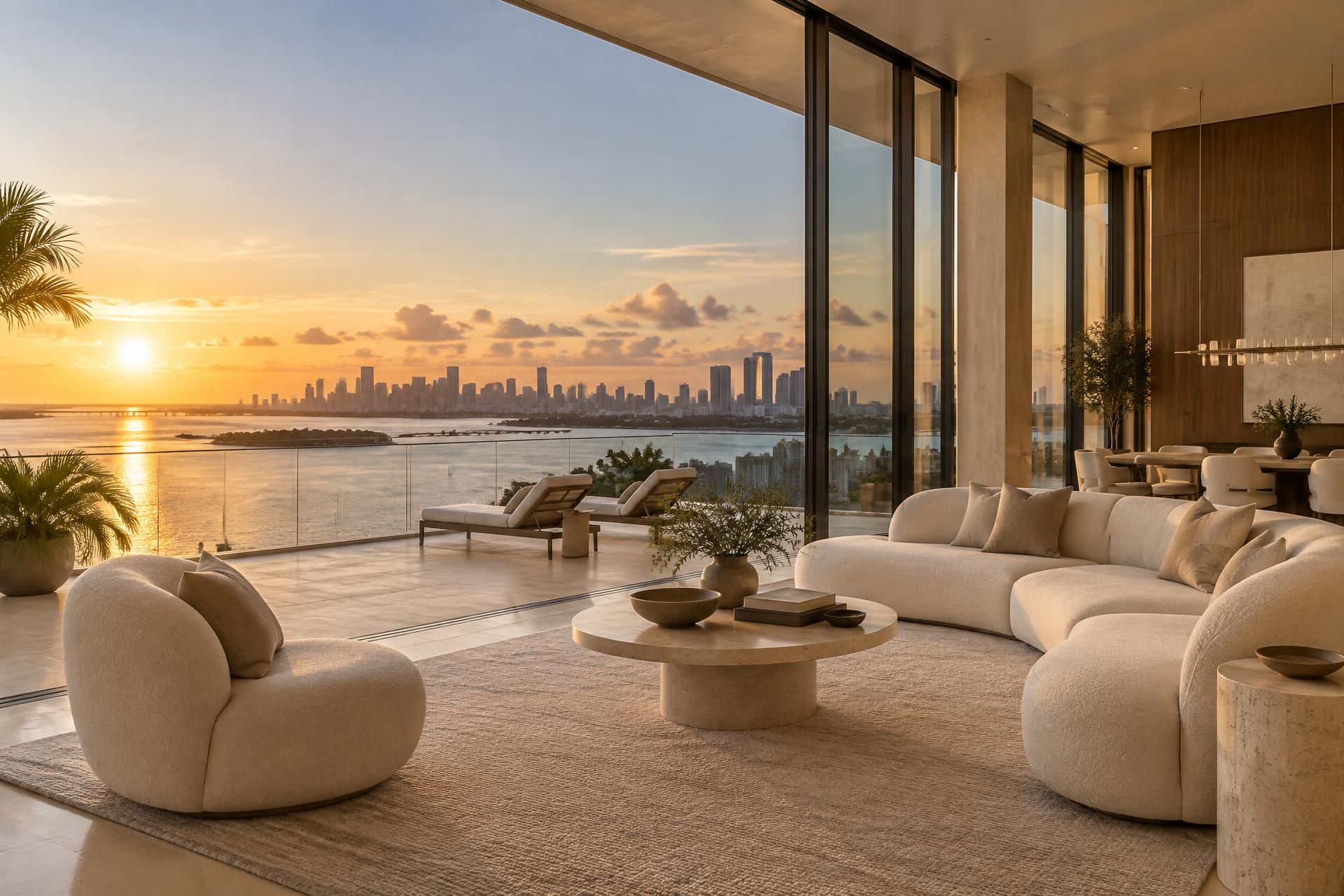 Miami penthouse terrace overlooking Biscayne Bay at sunset