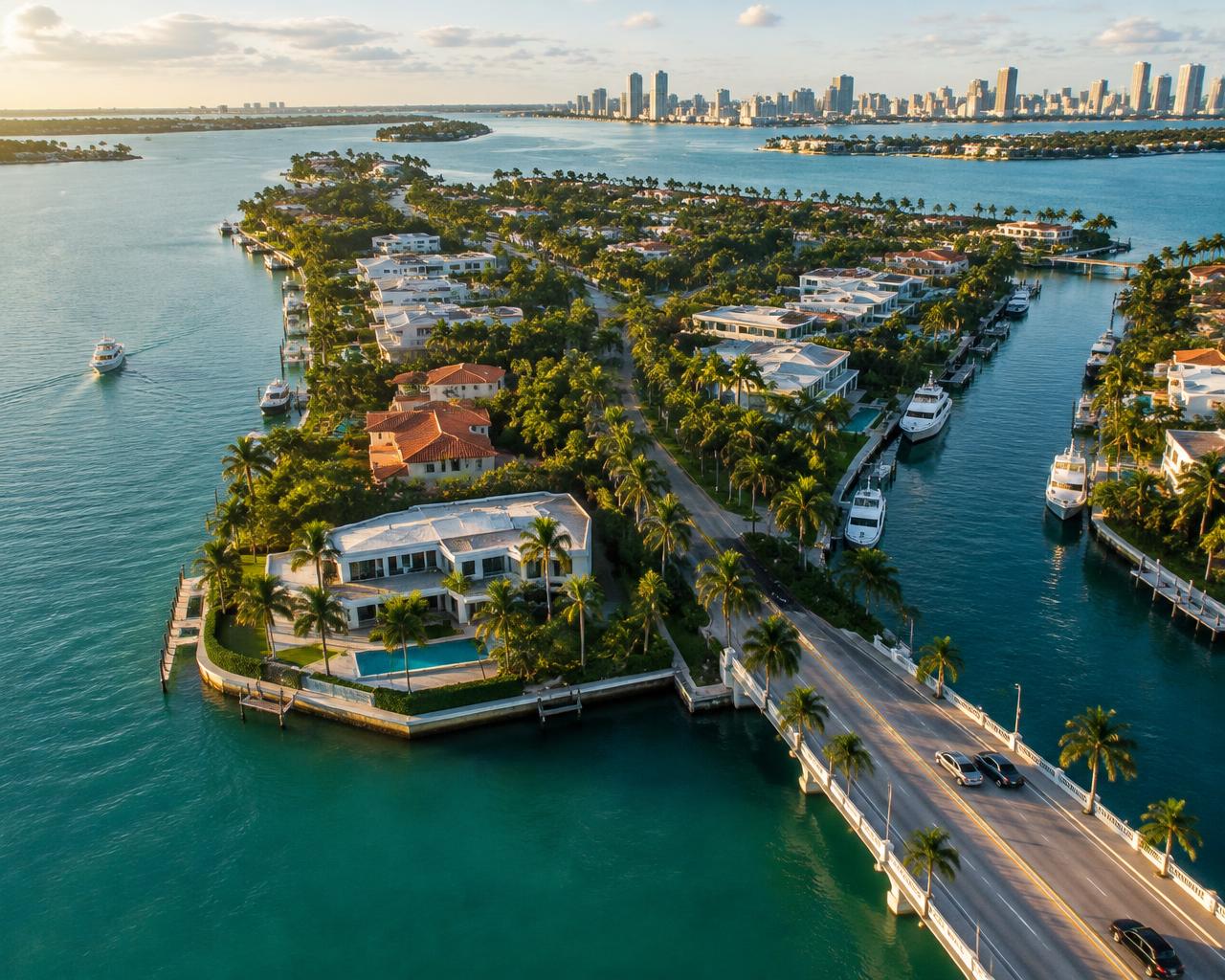 Aerial view of Palm Island waterfront homes