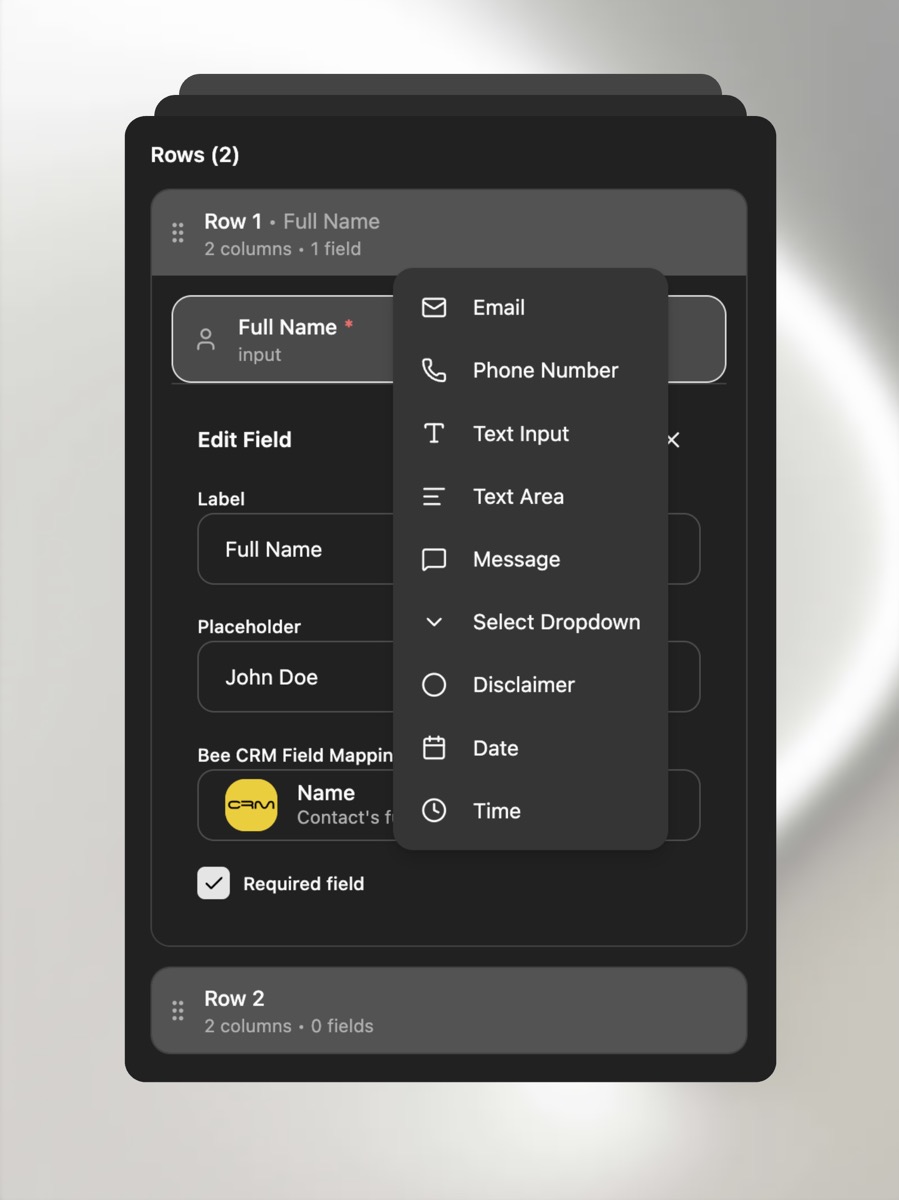 Real estate form builder adding custom fields and rows to property showing request forms