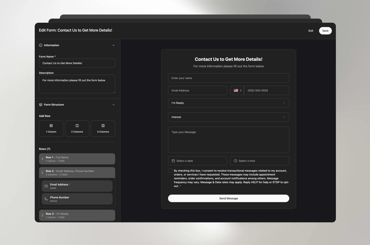 Real estate form builder interface for creating property inquiry and lead capture forms