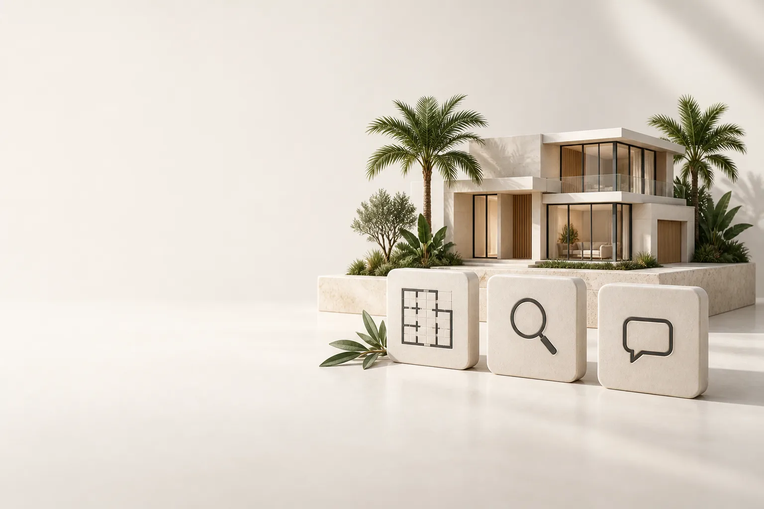 Editorial illustration of a house with planning, property search and conversation symbols