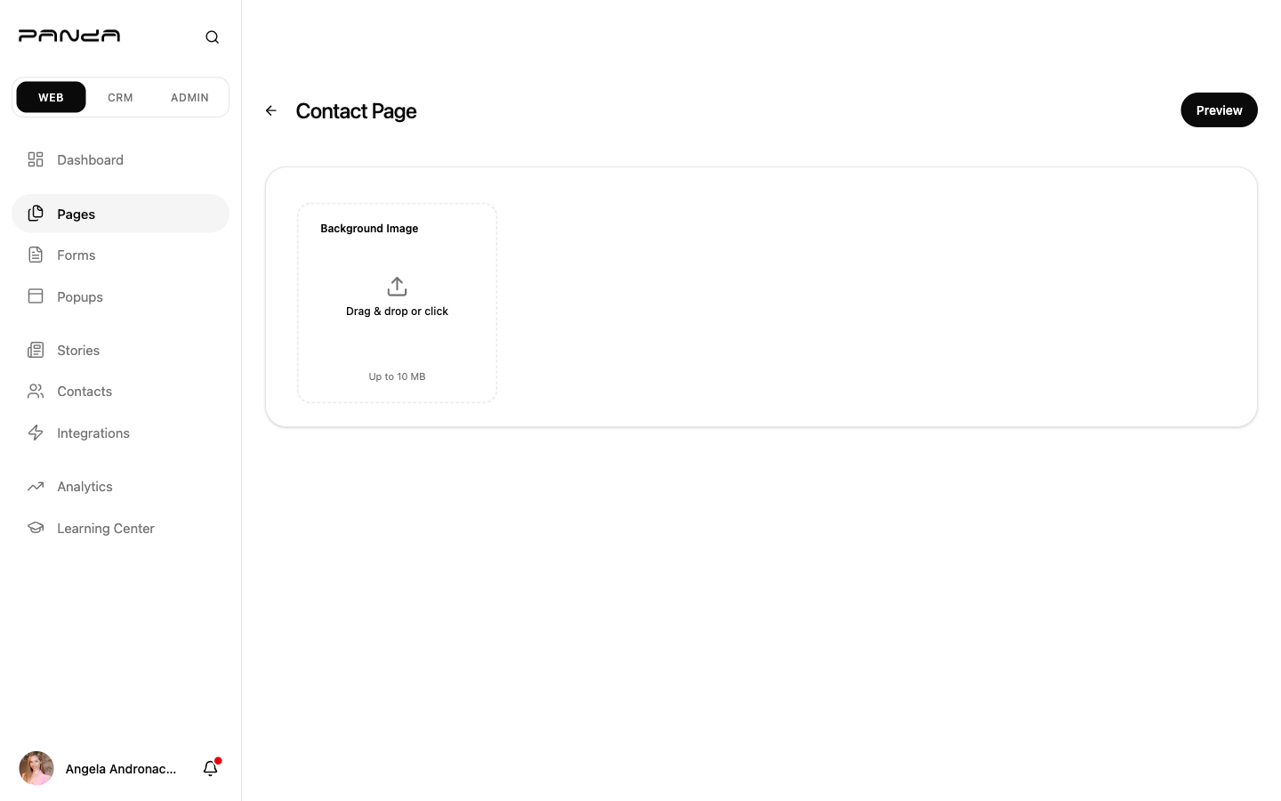 Panda IDX dashboard Contact Page editor showing a single Background Image upload card with Drag and drop or click area and a Preview button in the top-right corner