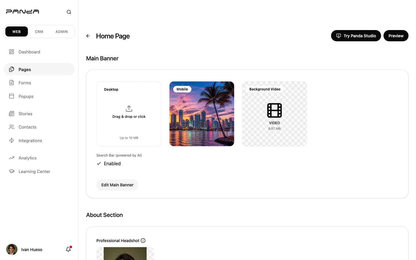 Panda IDX dashboard Homepage editor page with Main Banner section showing desktop upload zone, mobile cover photo, background video slot, and search bar enabled status