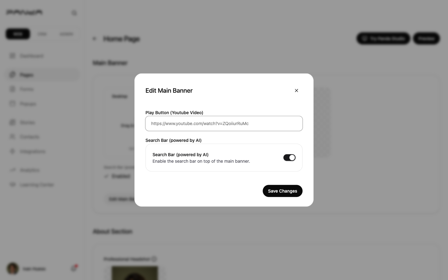 Edit Main Banner dialog showing Play Button YouTube video URL text field and Search Bar powered by AI toggle switch in the on position