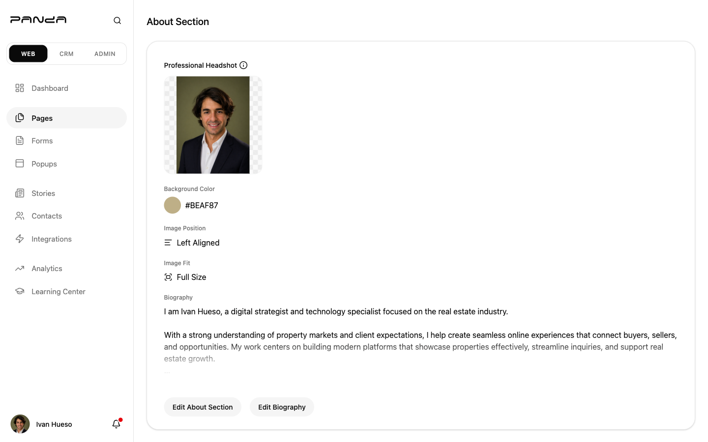 Panda IDX About Section editor card showing agent headshot, background color swatch, Left Aligned image position label, Full Size image fit label, and biography paragraph text