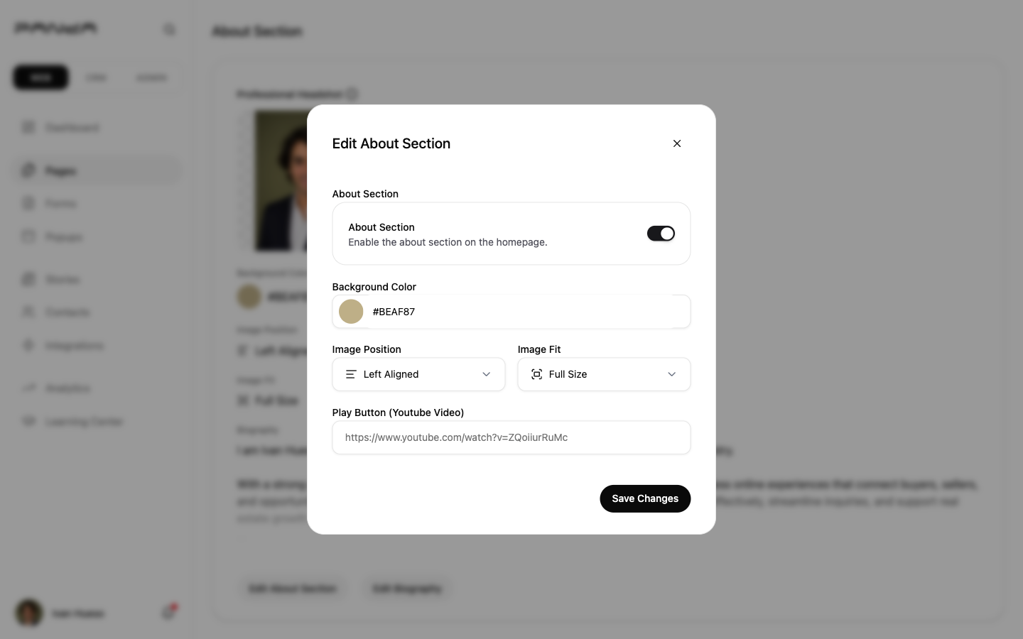 Edit About Section dialog with About Section enable toggle, background color picker showing hex value, Image Position dropdown set to Left Aligned, and Image Fit selector