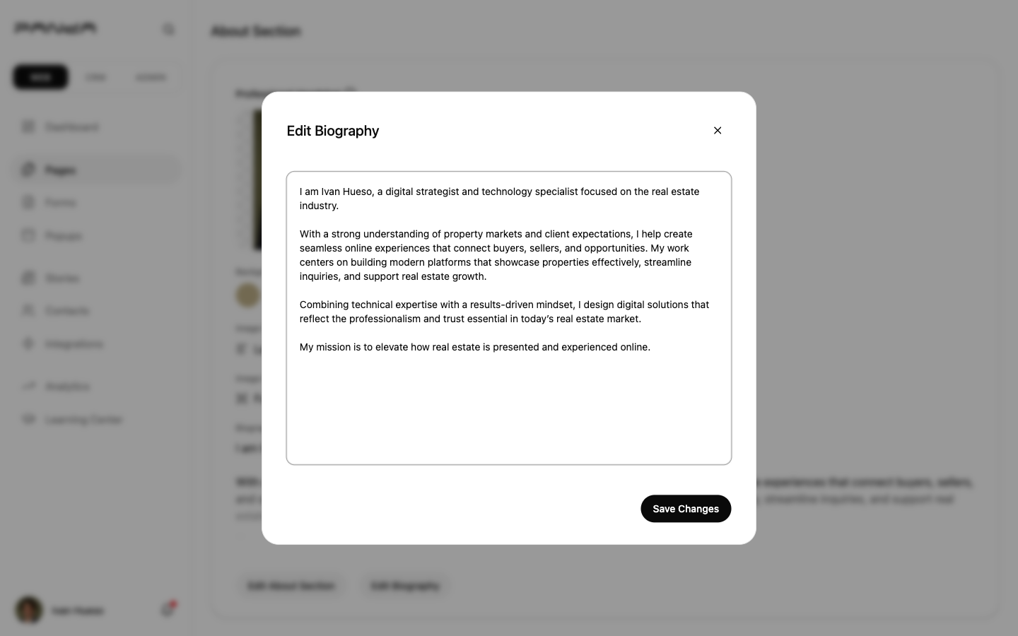 Edit Biography dialog showing multi-paragraph agent biography text typed into a large textarea with Save Changes button at the bottom right