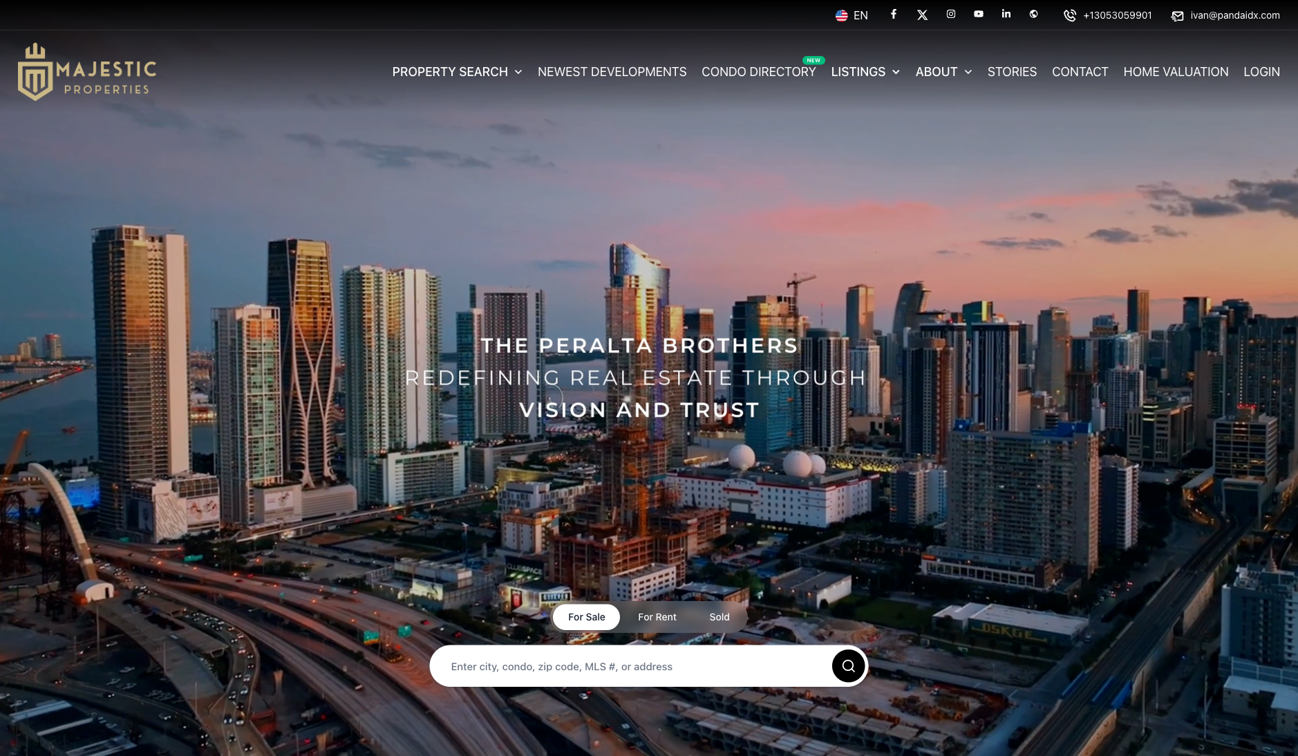 Panda IDX member website homepage showing a Miami skyline hero banner with property search bar tabs for For Sale, For Rent, and Sold